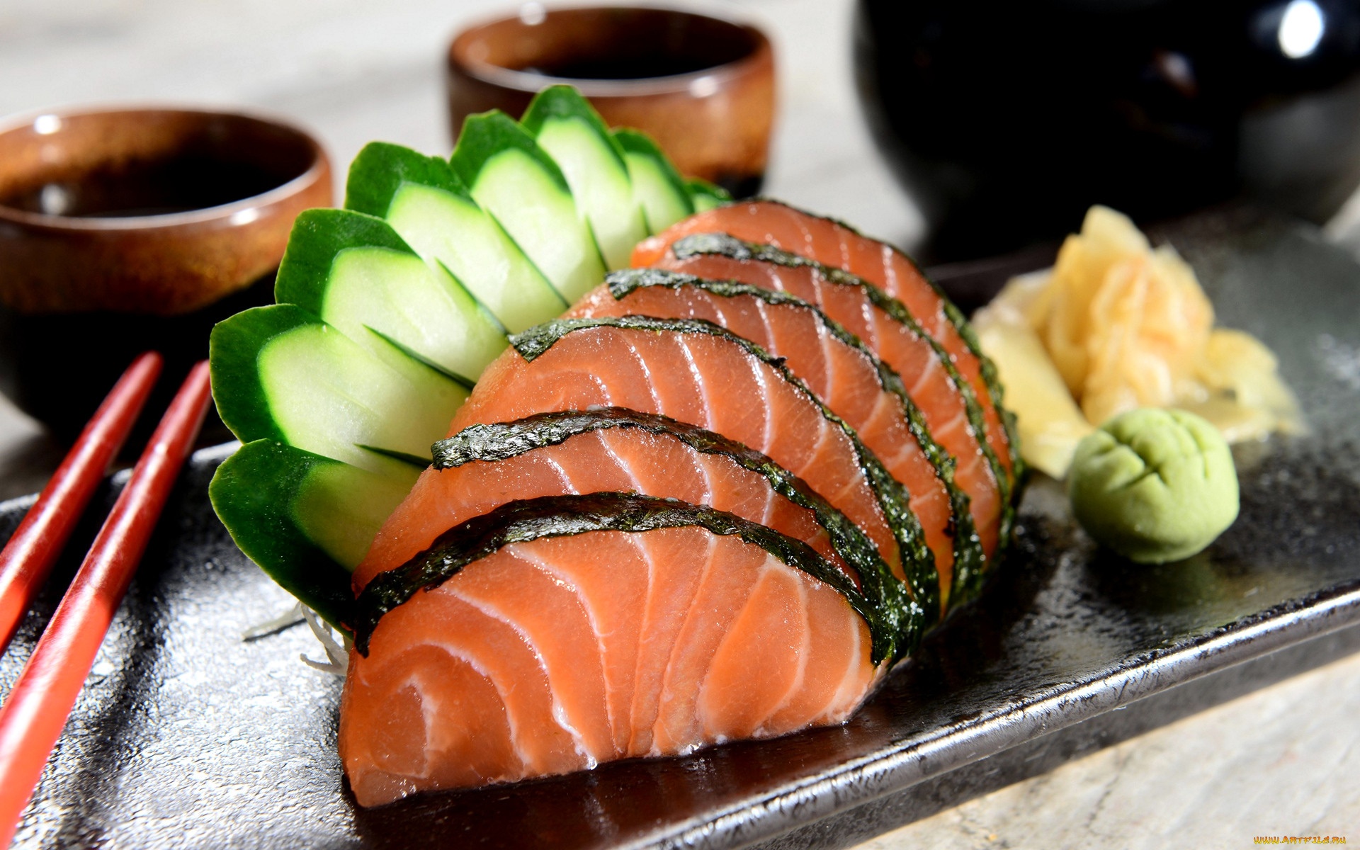 Salmon sashimi with cucumber and wasabi HD Wallpaper
