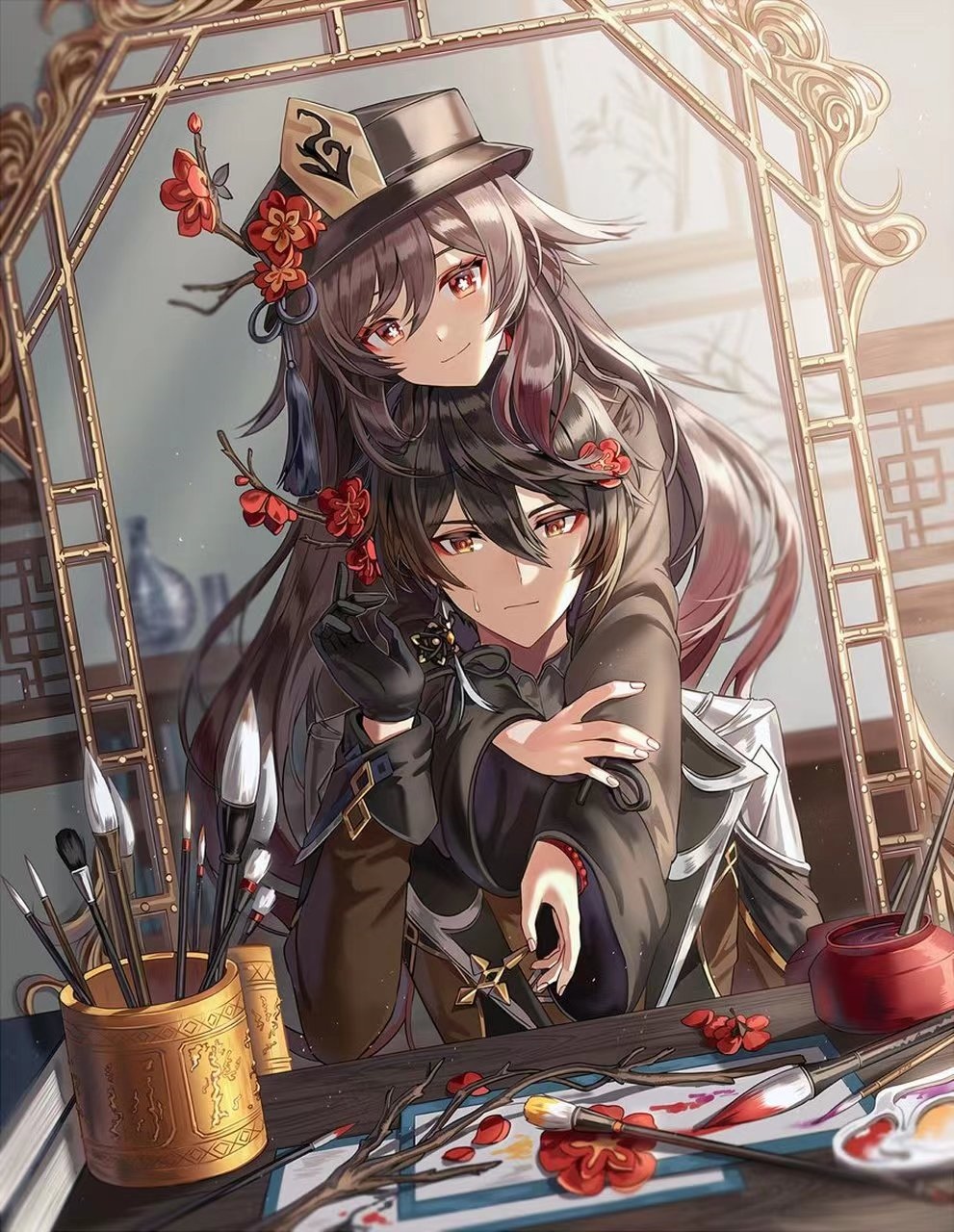 Hu Tao and Zhongli painting in Genshin Impact HD Phone Wallpaper