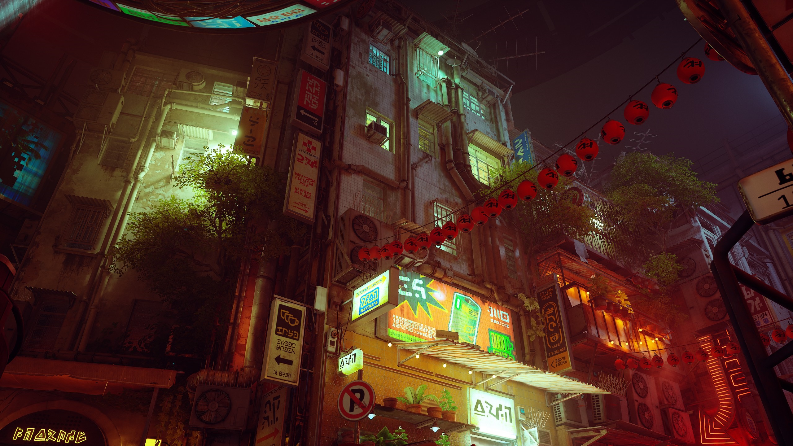 Stray neon city at night with red lanterns HD Wallpaper