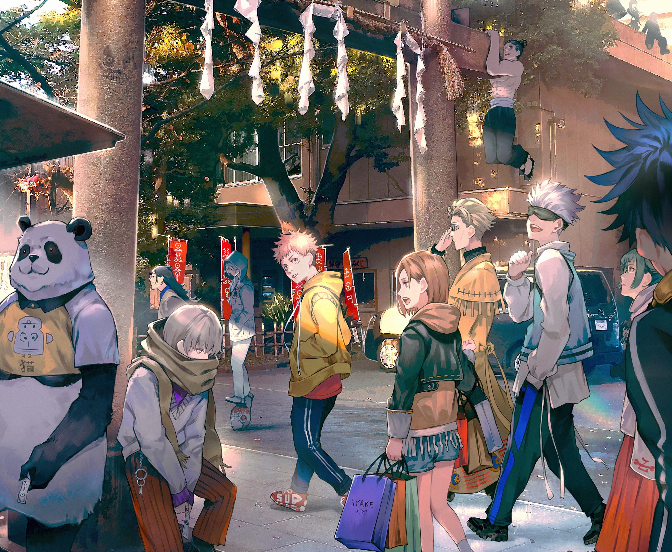 Jujutsu Kaisen characters at a shrine HD Wallpaper