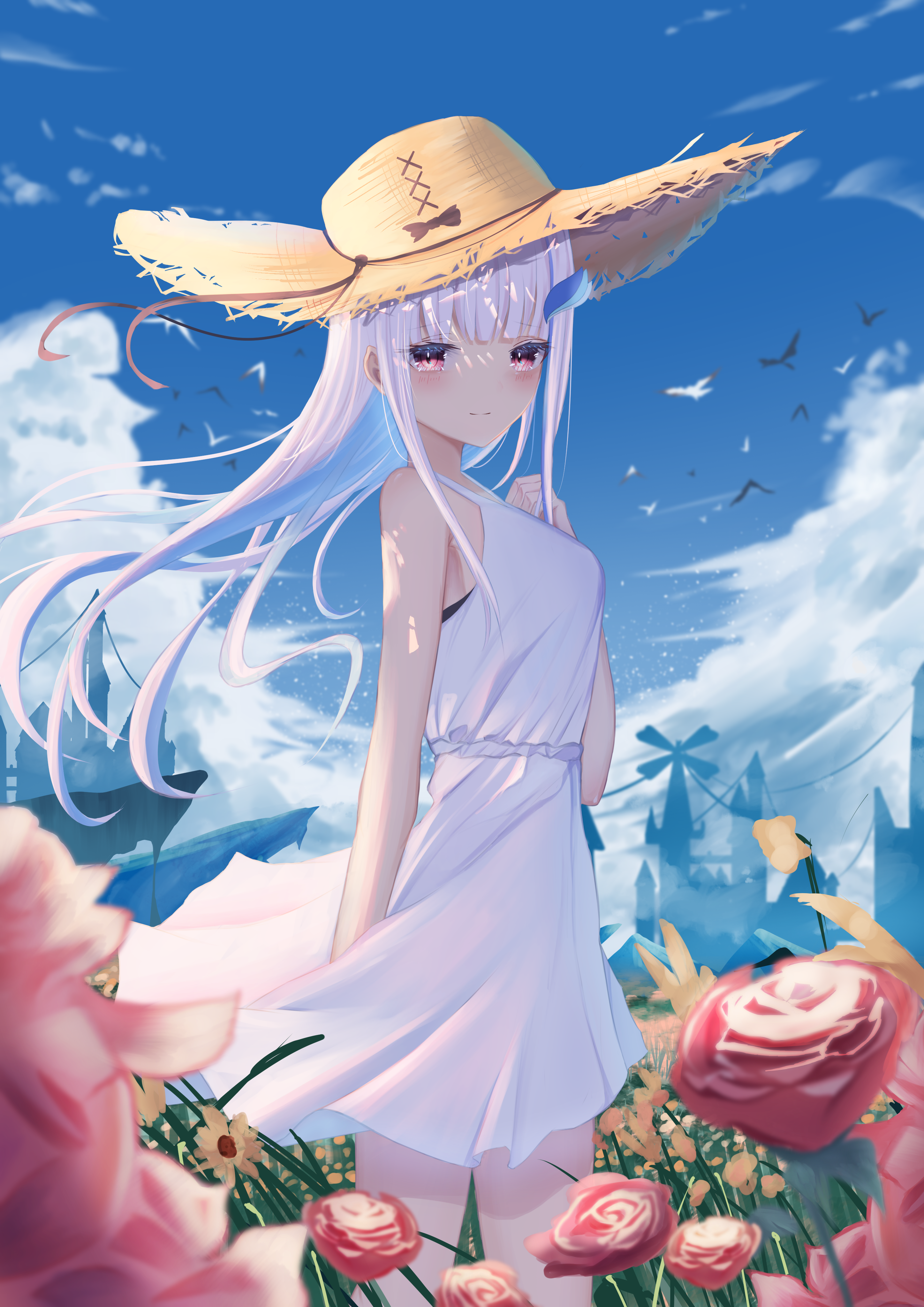 Lize Helesta in a Straw Hat Among Flowers HD Phone Wallpaper