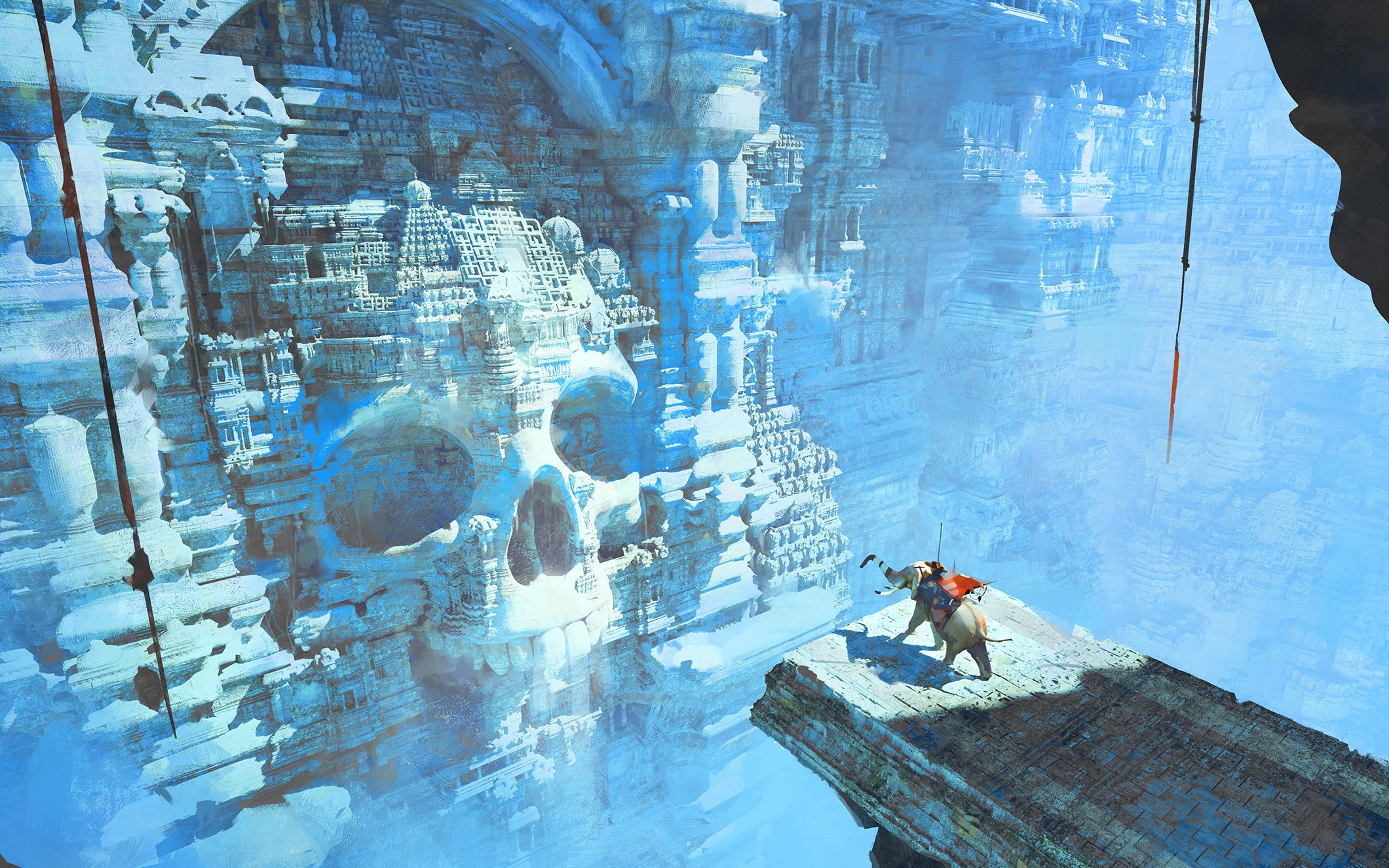 Fantasy artwork of an elephant near a skull-shaped temple HD Wallpaper
