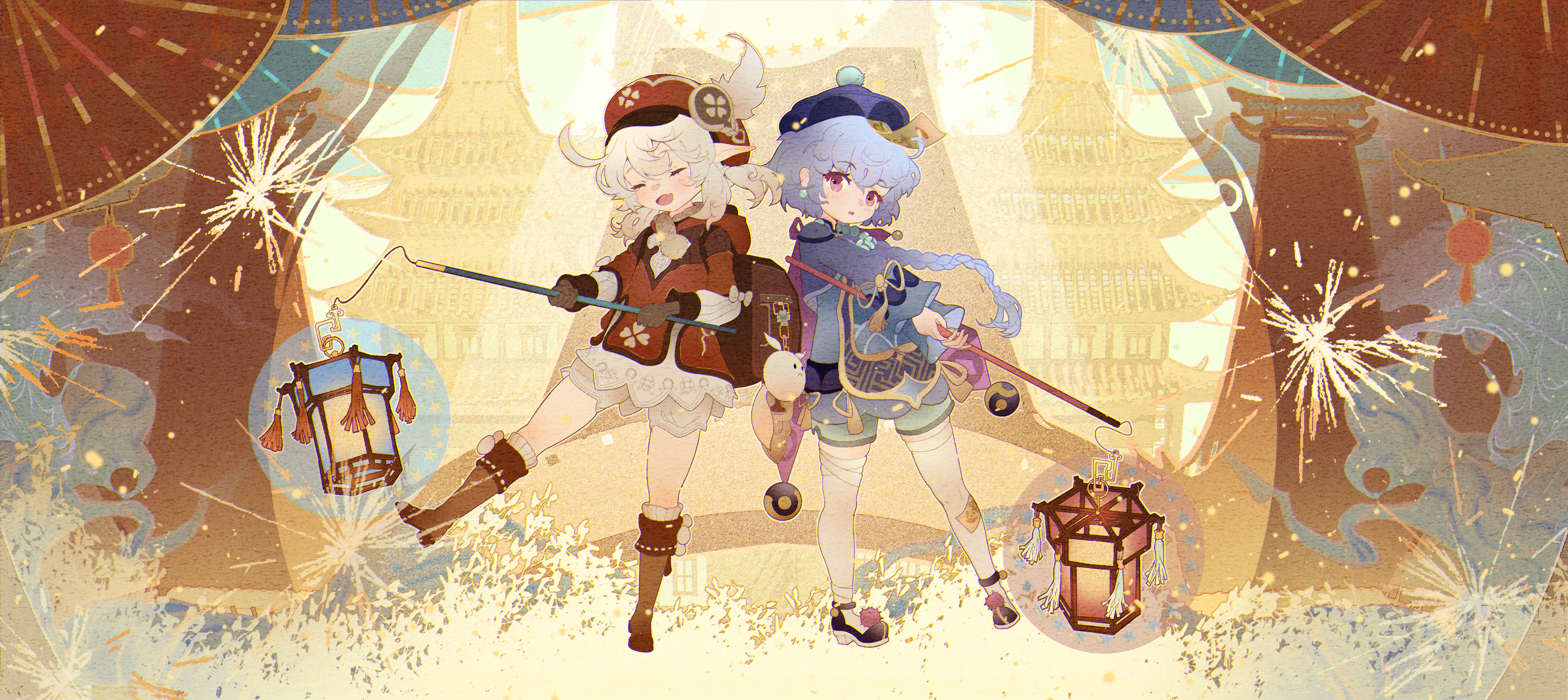 Klee and Qiqi with lanterns and fireworks HD Wallpaper