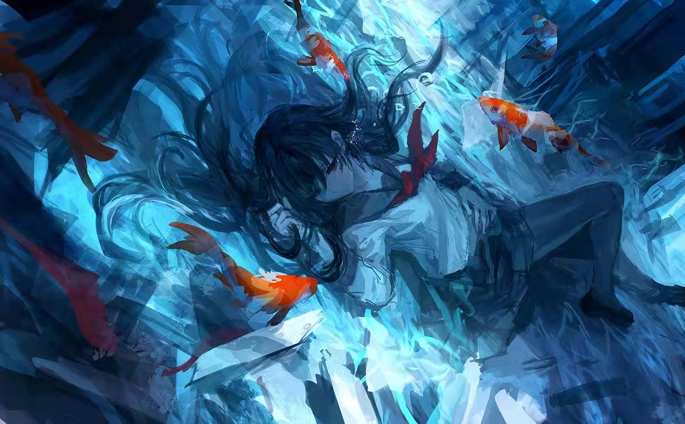 Girl underwater with koi fish HD Wallpaper