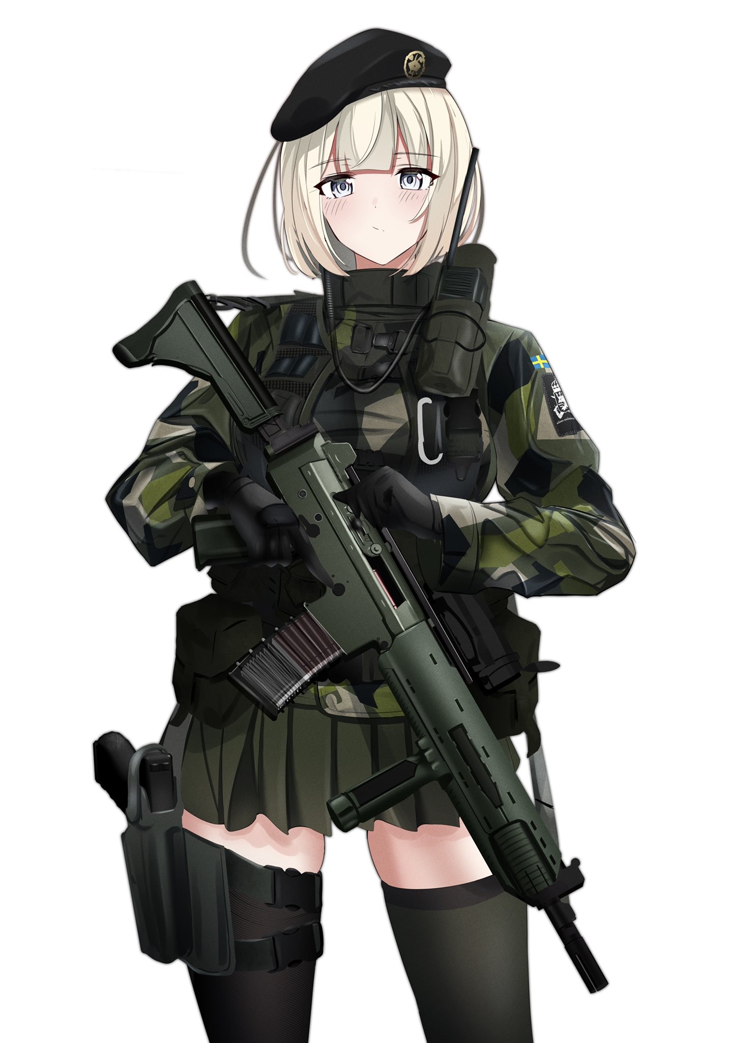 Anime girl in Swedish Army uniform with a rifle HD Phone Wallpaper