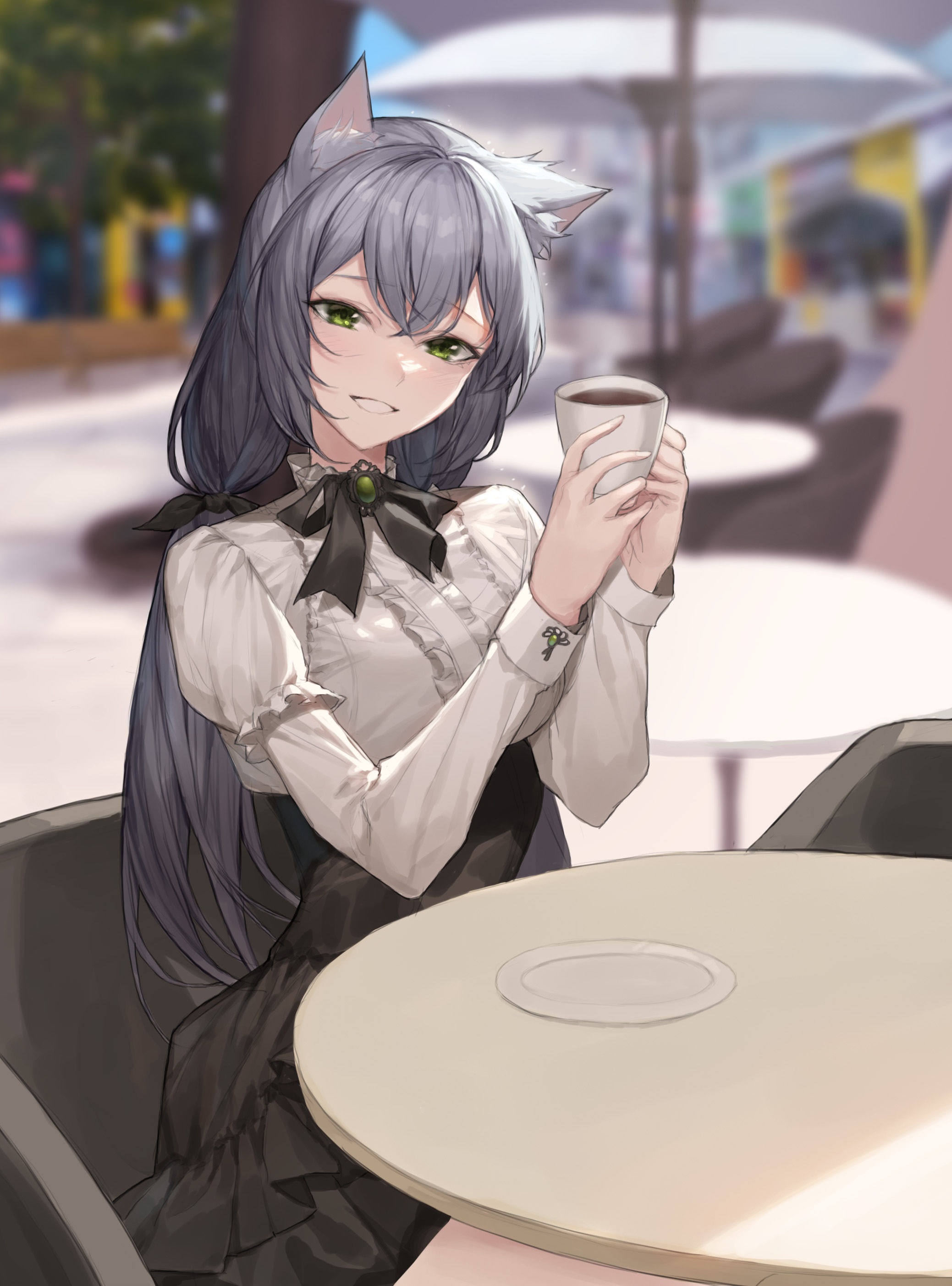Anime cat girl holding a cup of coffee at a cafe HD Phone Wallpaper