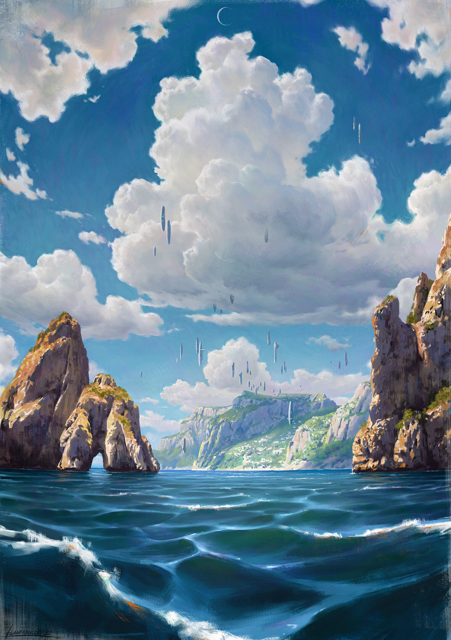 Futuristic floating objects over a rocky coast and sea HD Phone Wallpaper