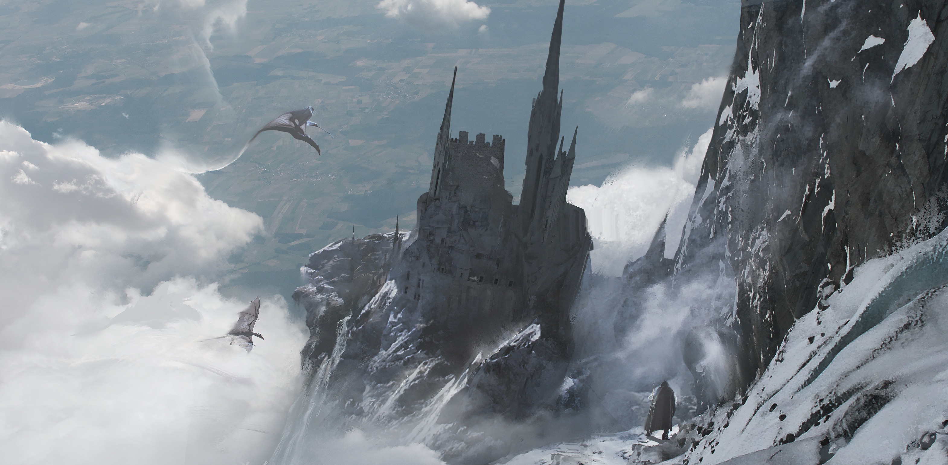 Fantasy castle on a snowy mountain with flying creatures HD Wallpaper