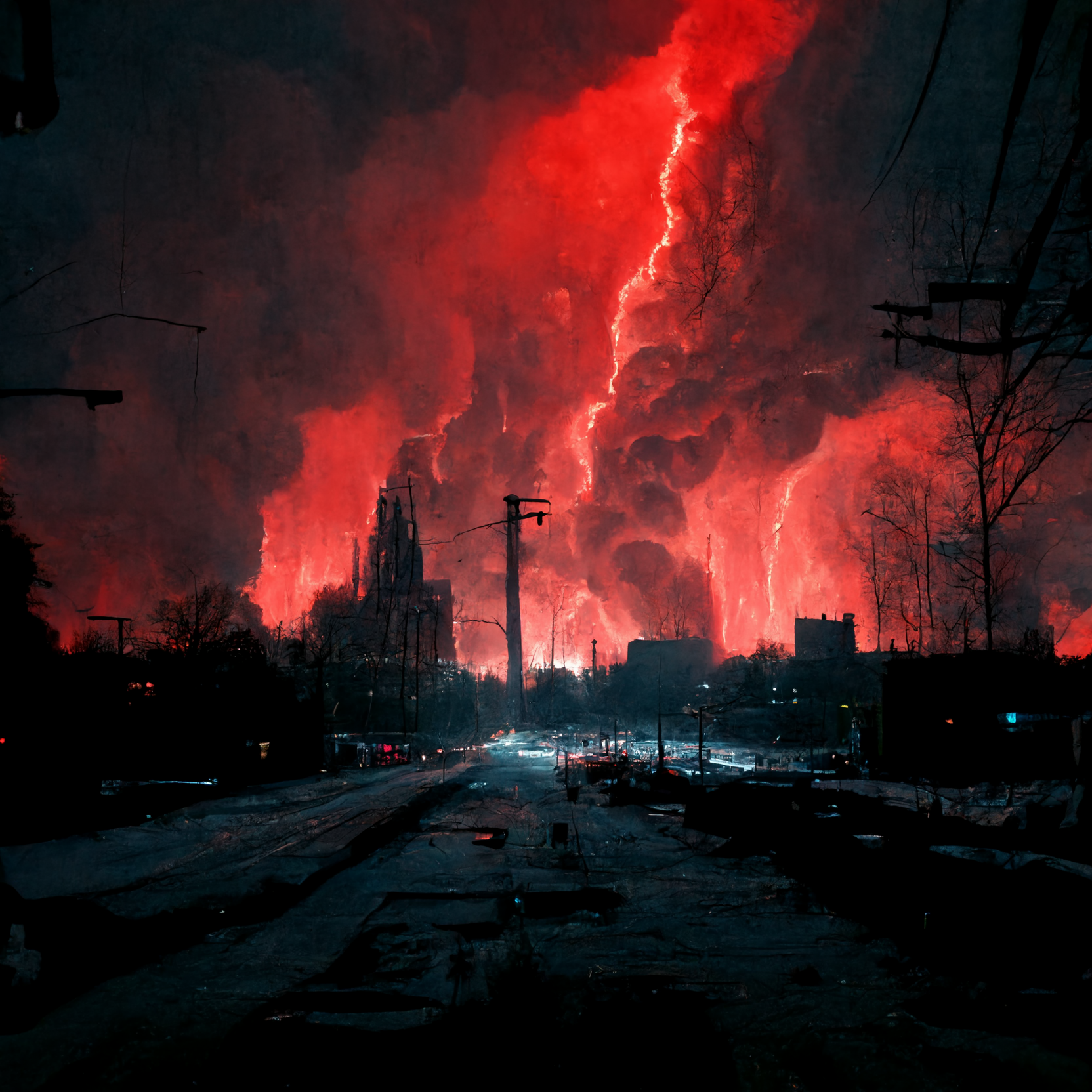 Apocalyptic city engulfed in red clouds and lightning HD Wallpaper