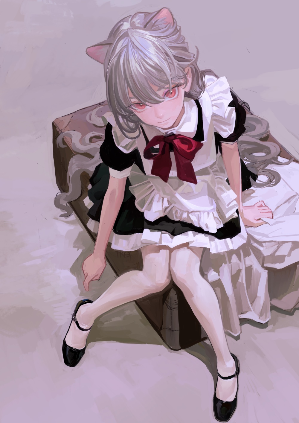 Cat girl in maid outfit with red eyes HD Phone Wallpaper