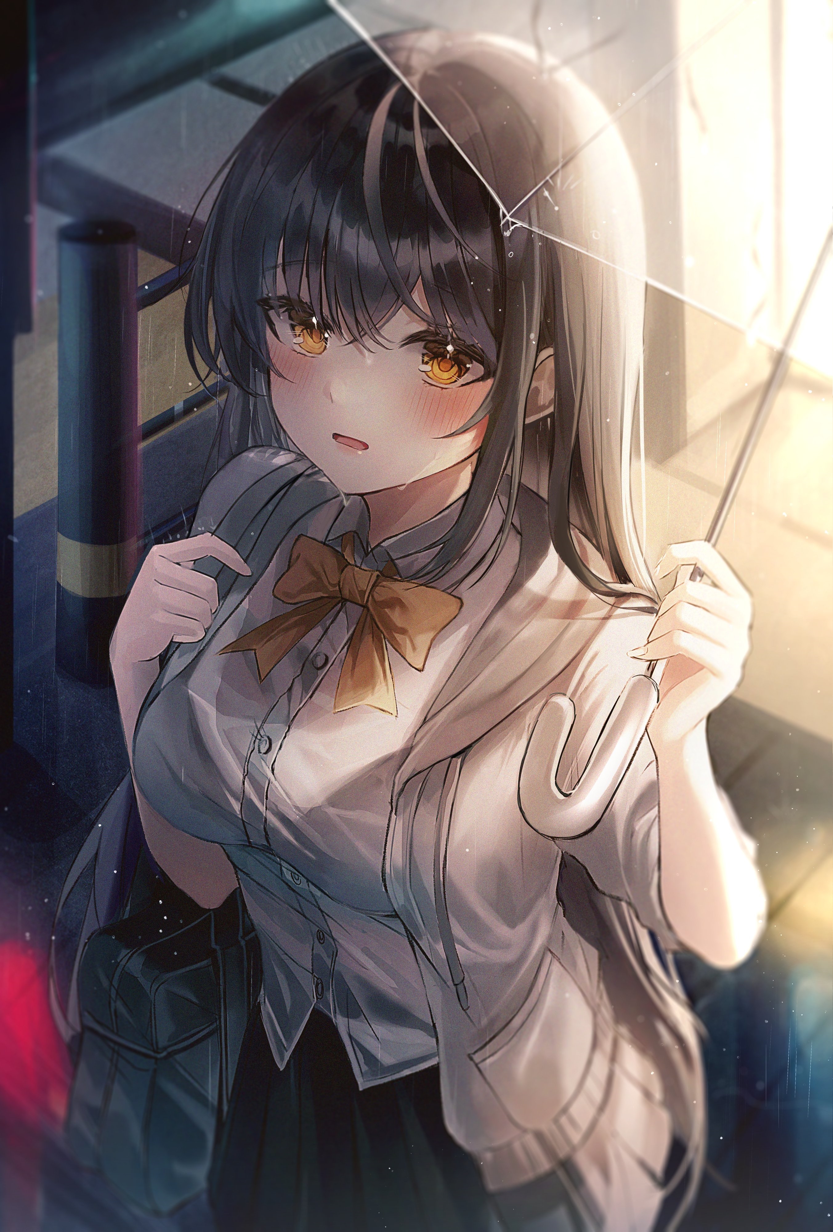Girl with yellow eyes holding an umbrella in the rain HD Phone Wallpaper