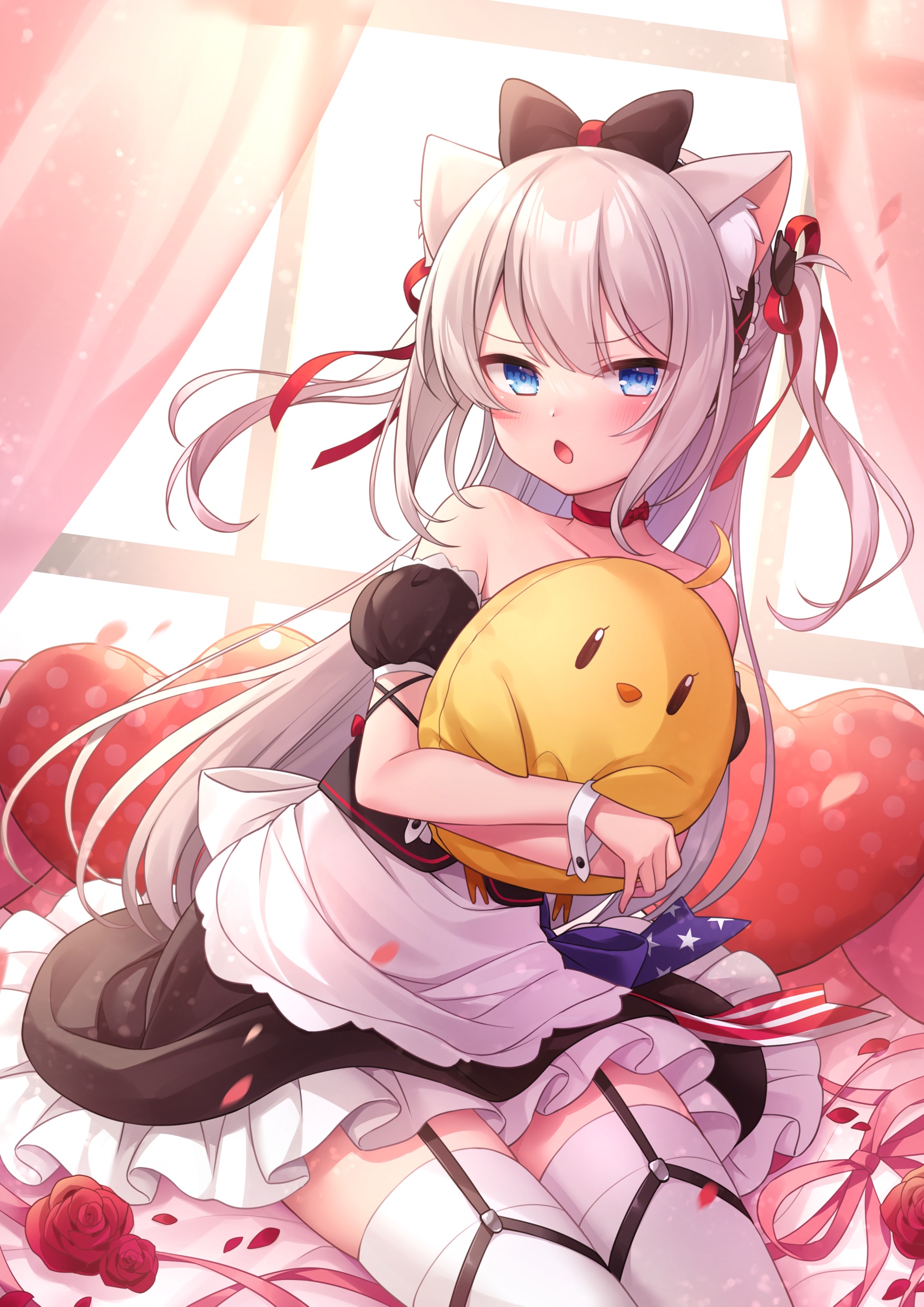 Anime cat girl in maid outfit holding a chick plush HD Phone Wallpaper