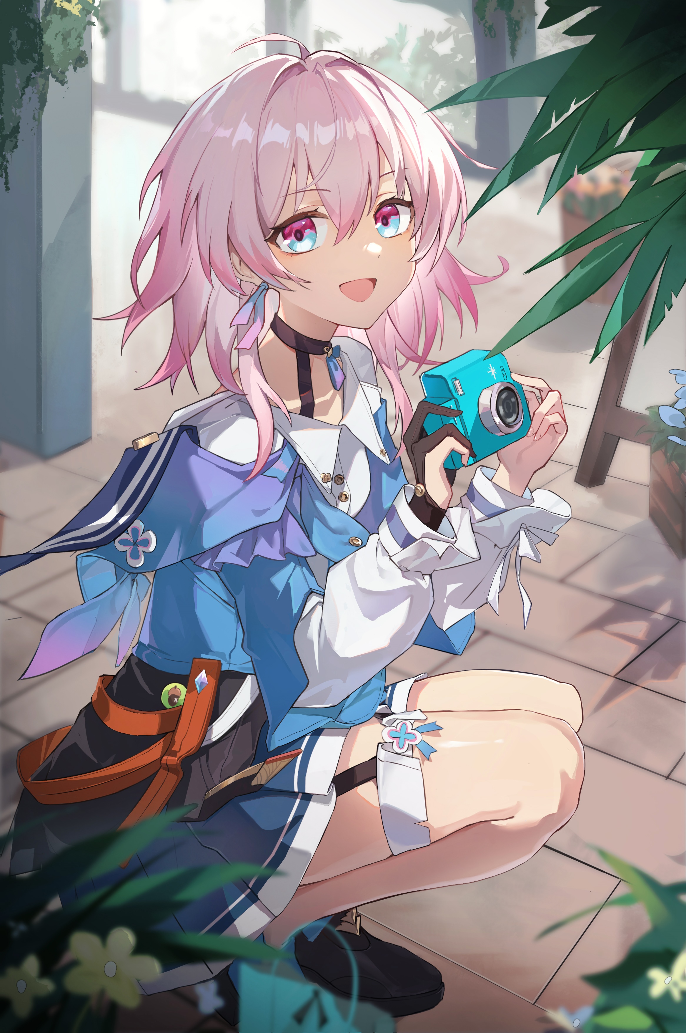 Girl with pink hair holding a camera HD Phone Wallpaper