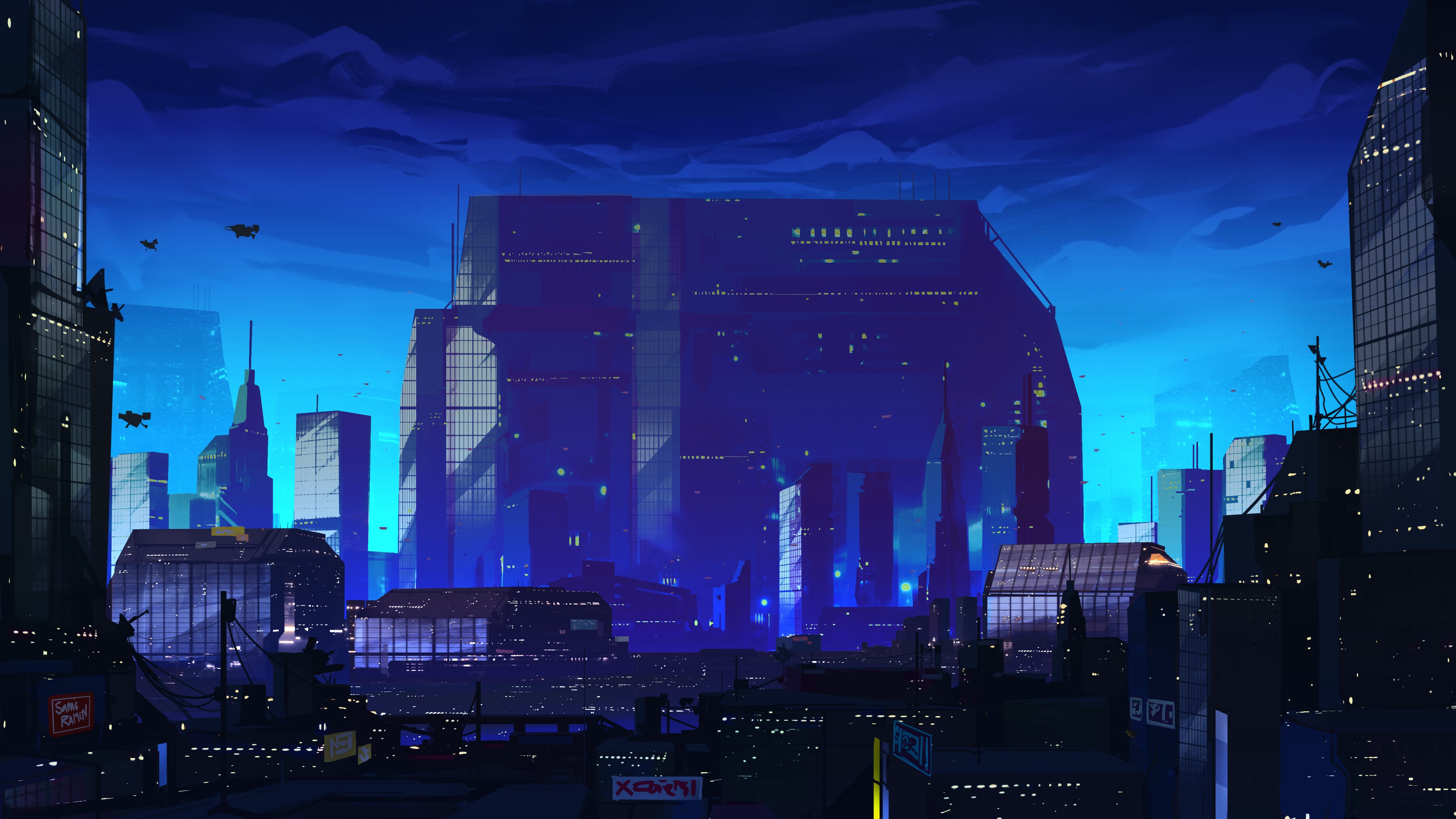 Futuristic cityscape at night with flying vehicles HD Wallpaper