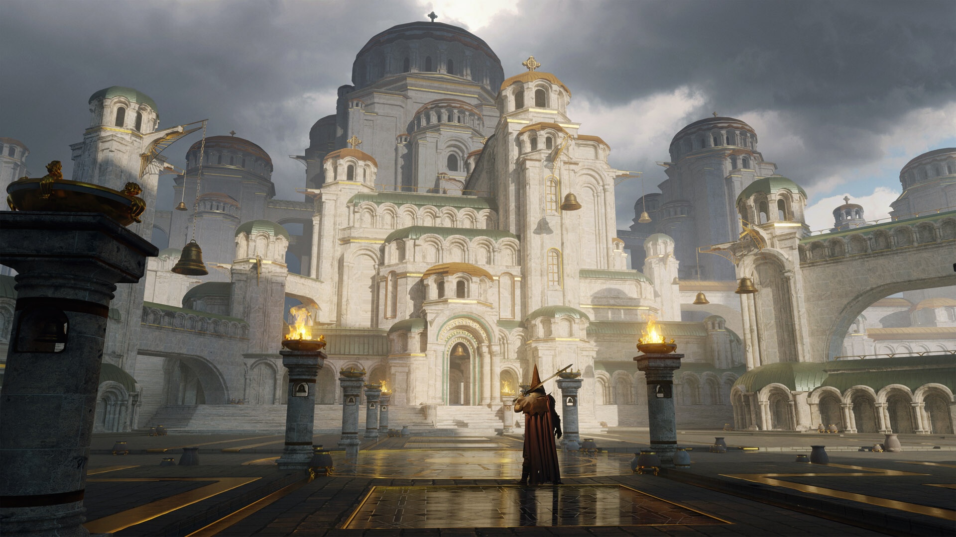 Fantasy architecture with a lone figure HD Wallpaper