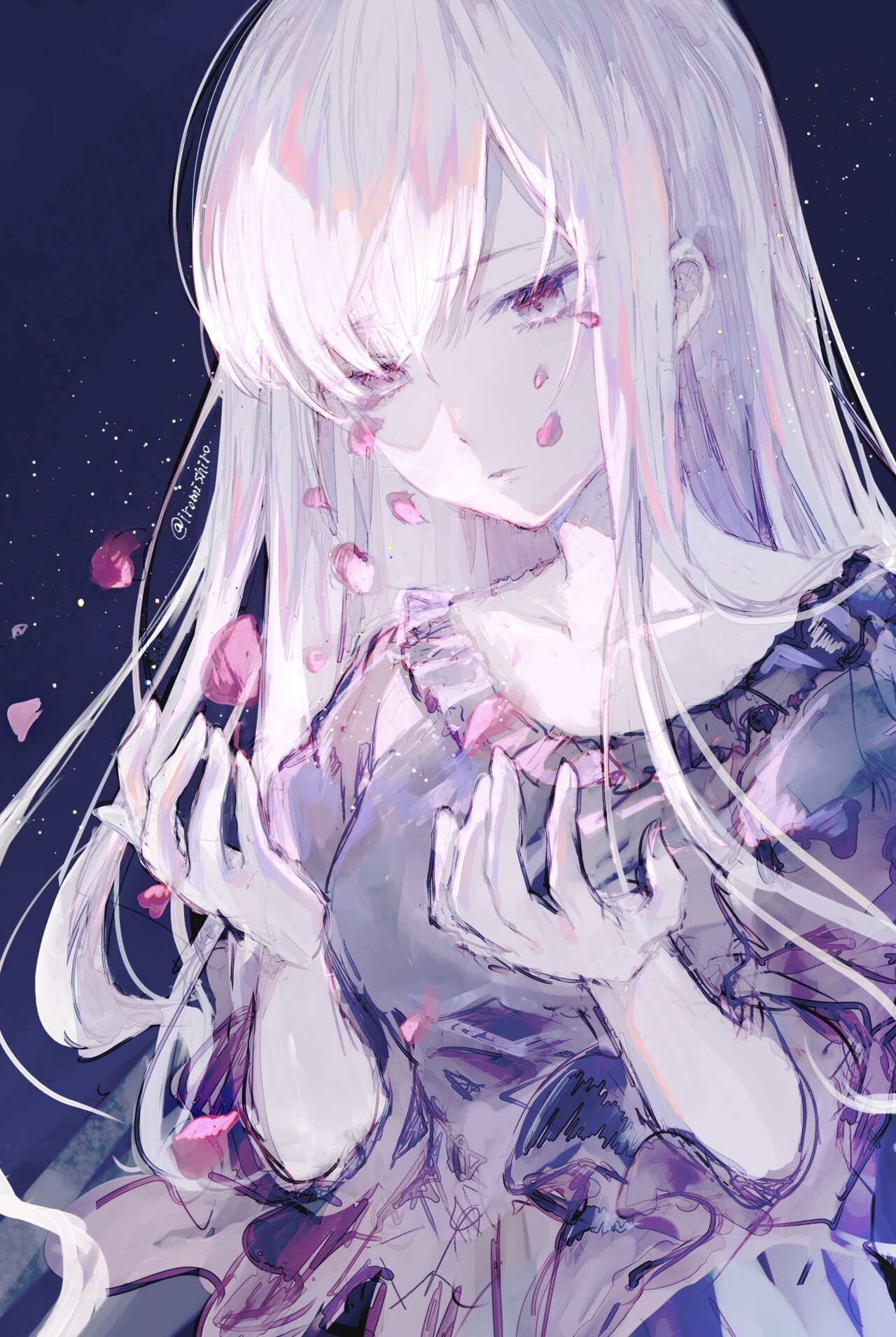 Girl with white hair and pink petals HD Phone Wallpaper