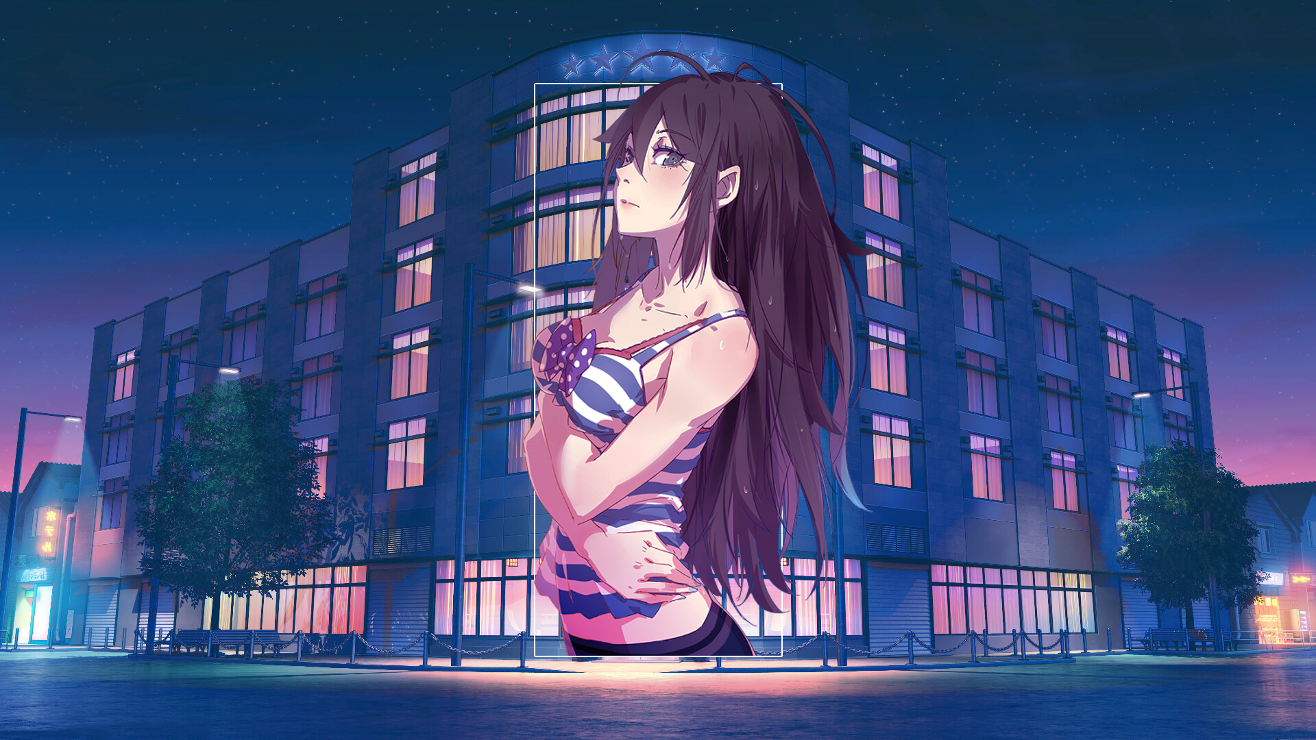 Anime girl in swimsuit in front of a building at night HD Wallpaper