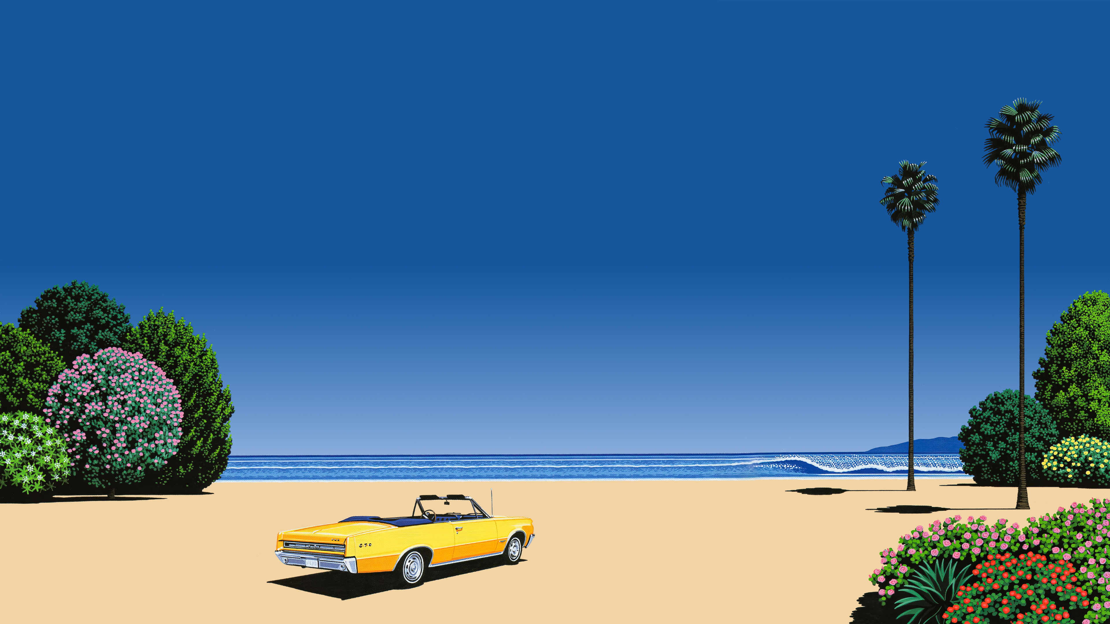 Yellow convertible car on a beach with palm trees HD Wallpaper