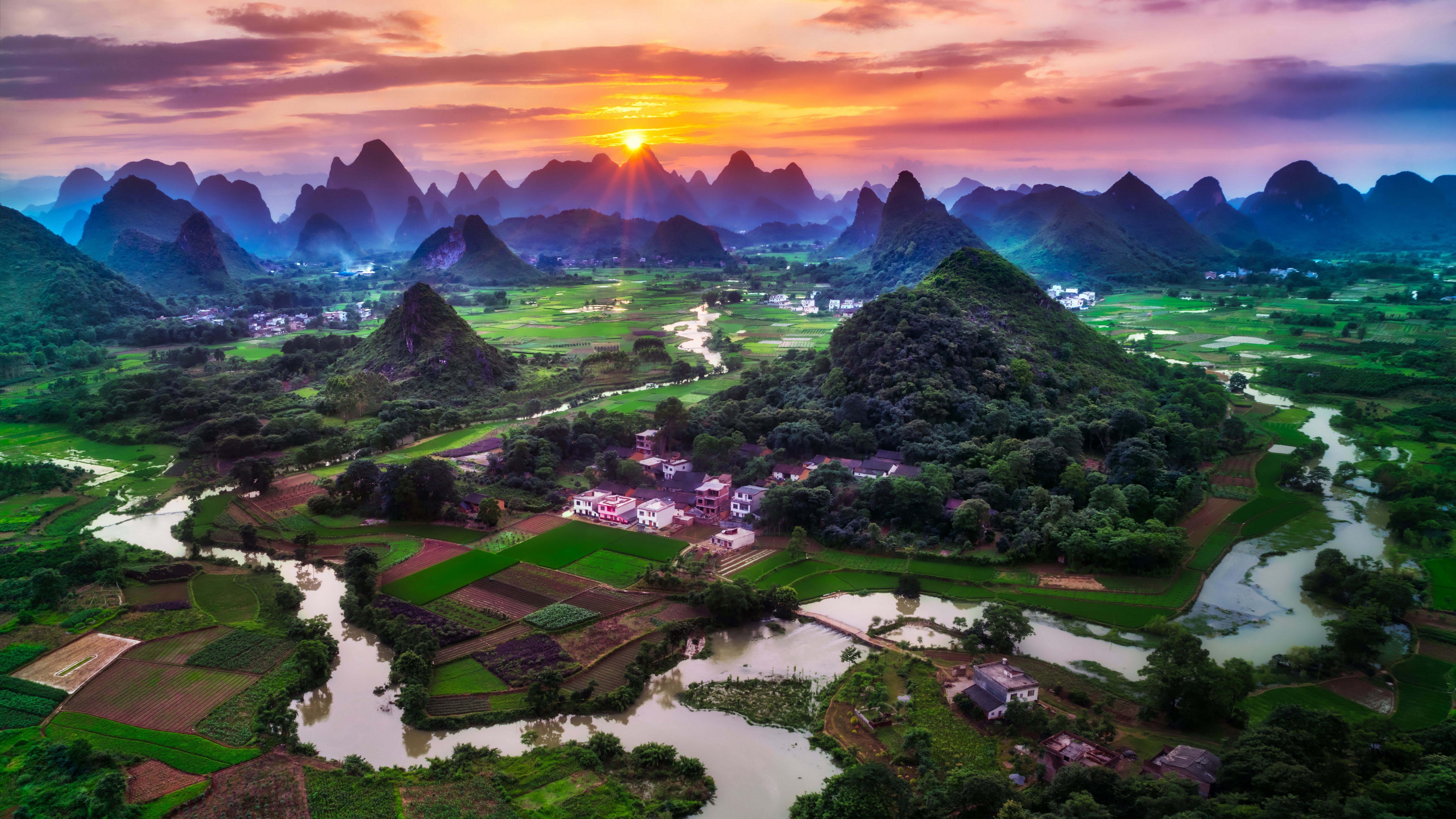 4K Guilin landscape with river and mountains at sunset HD Wallpaper