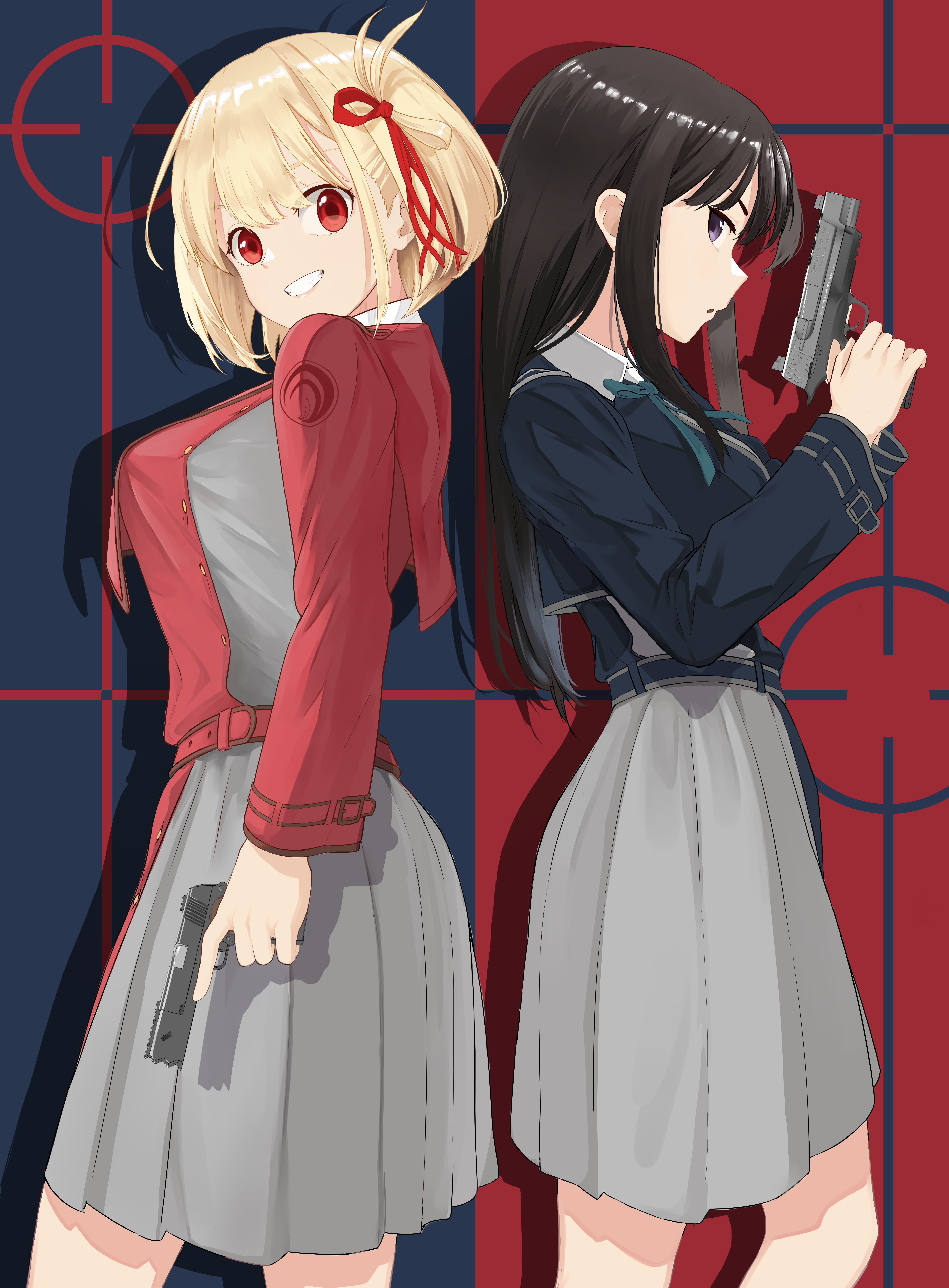 Lycoris Recoil: Nishikigi Chisato and Inoue Takina with guns HD Phone Wallpaper