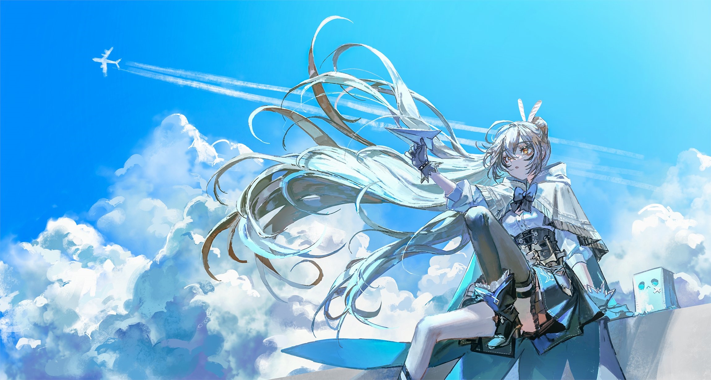 Nanashi Mumei with Paper Plane in the Sky HD Wallpaper