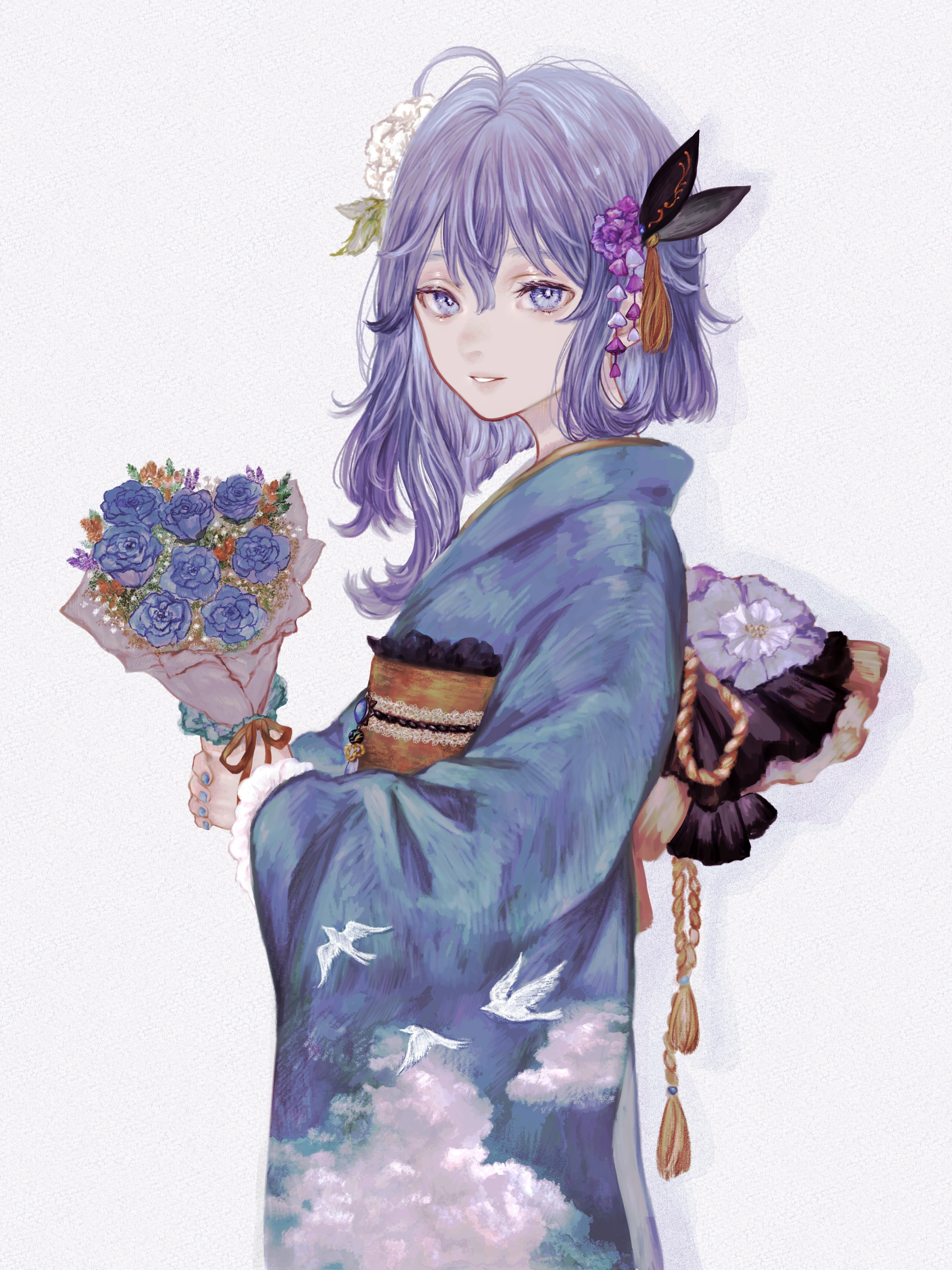 CIEL in Kimono with Blue Roses HD Phone Wallpaper