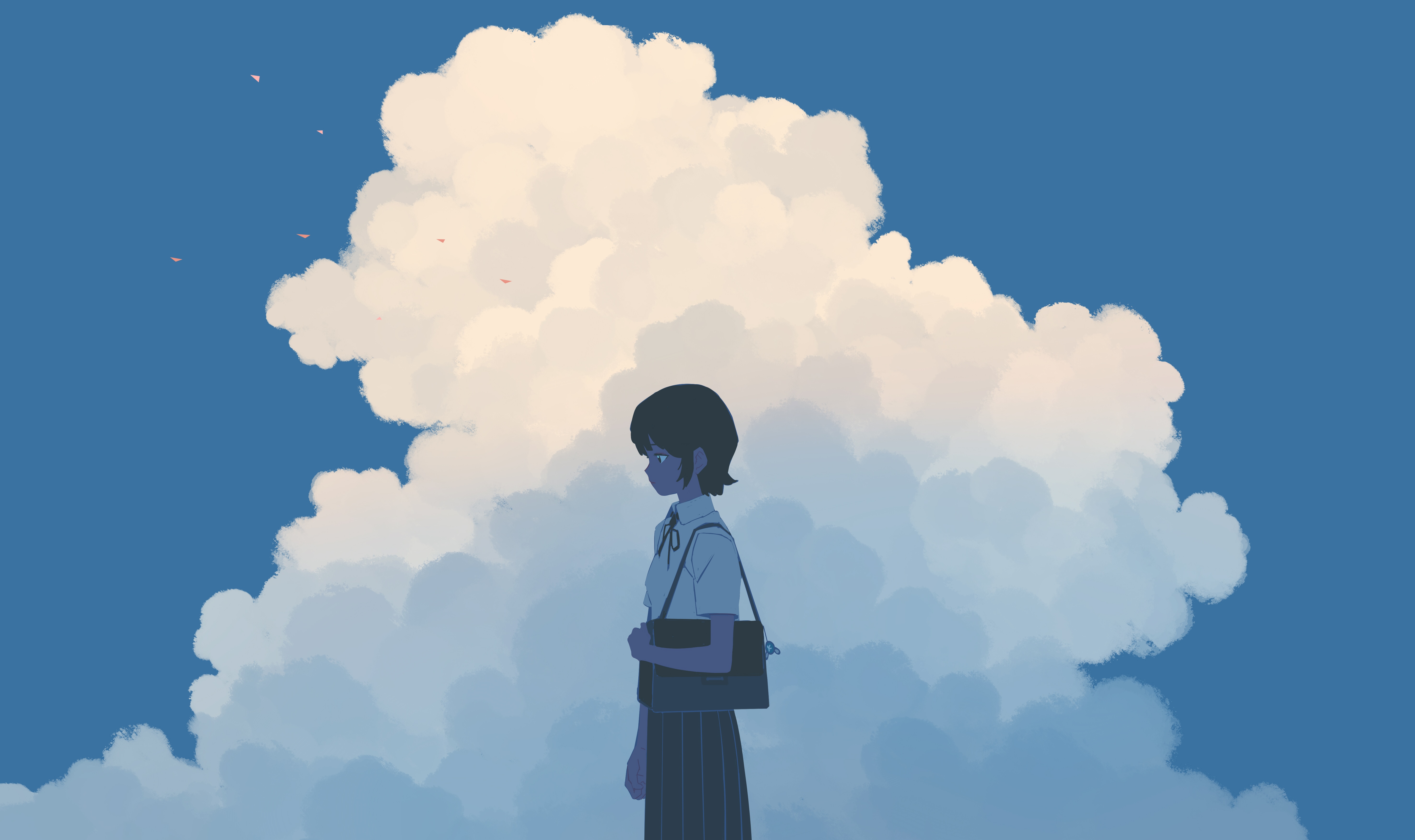 4K Schoolgirl in Front of Clouds HD Wallpaper