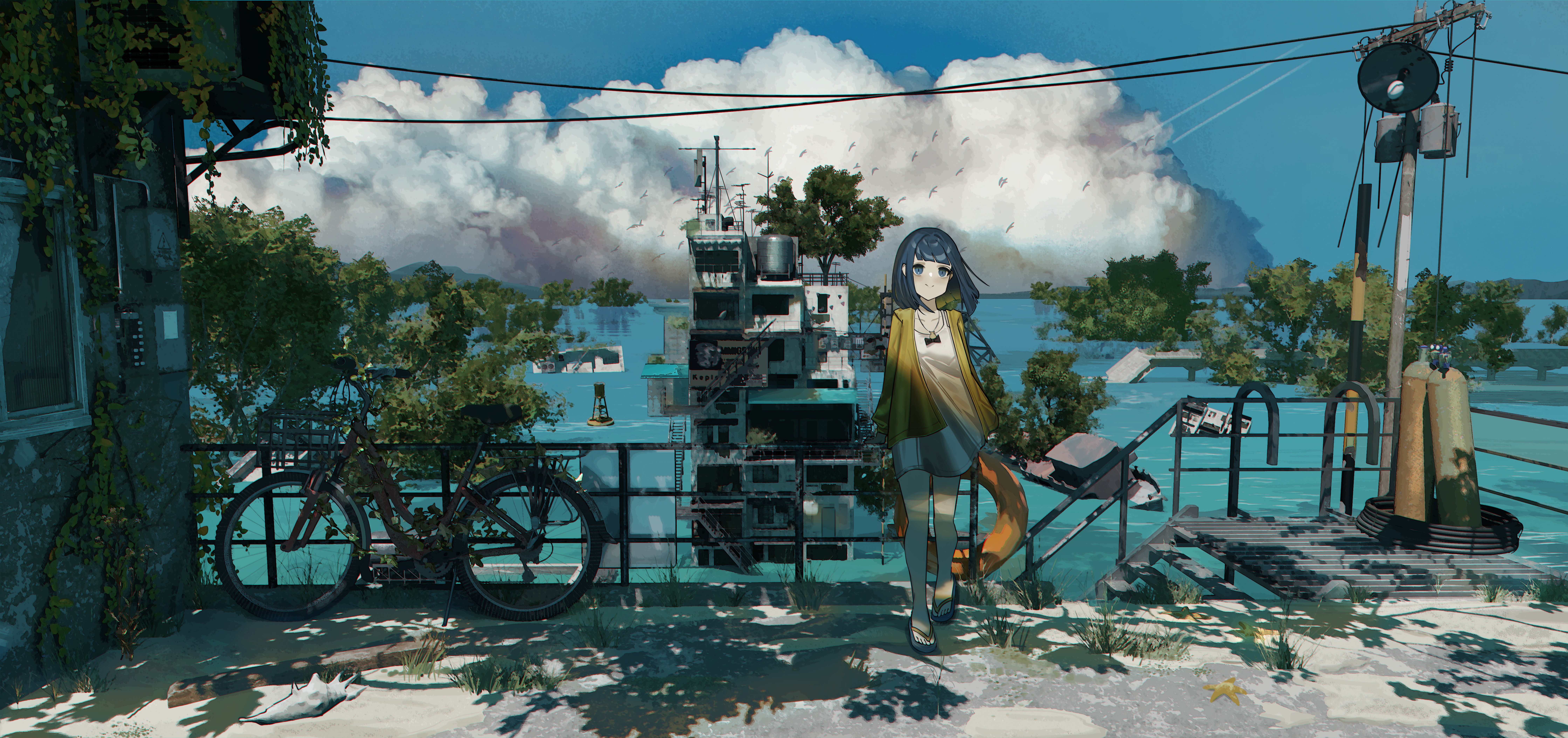 Anime girl in a flooded city with a bicycle HD Wallpaper