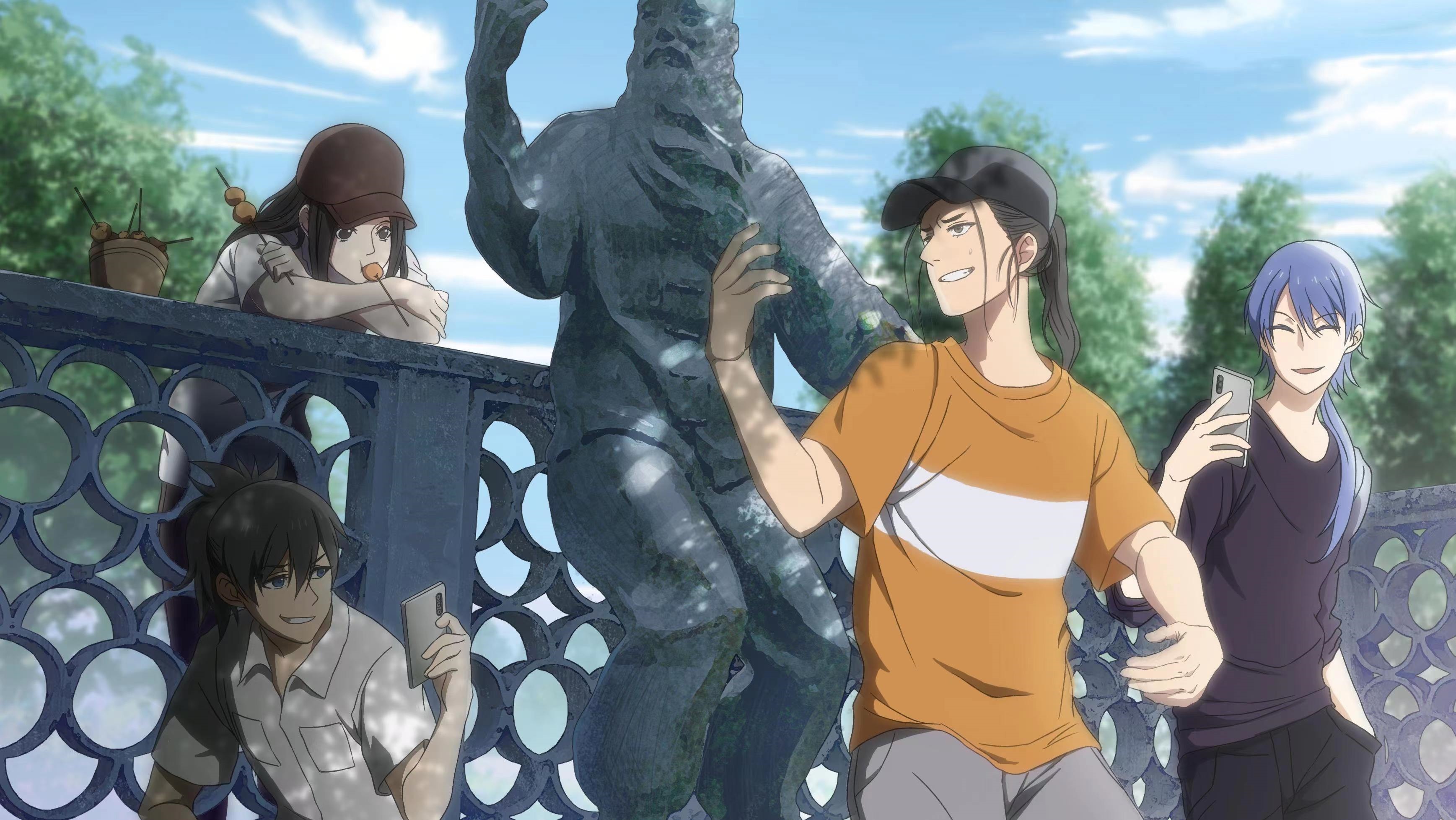 Anime boys taking photos in a park HD Wallpaper