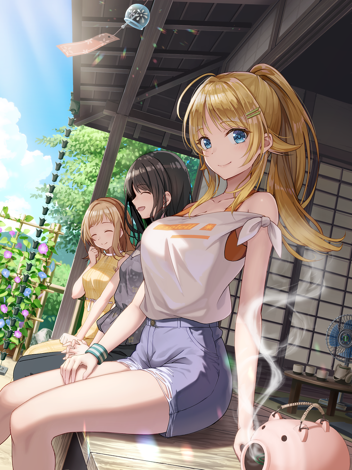 Three girls enjoying a summer day on a porch HD Phone Wallpaper