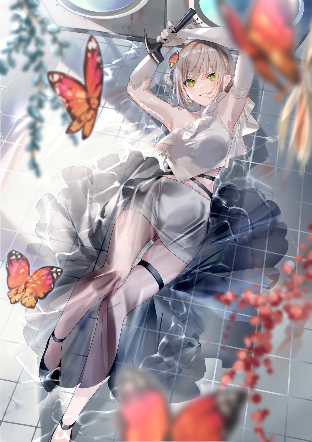 Girl with green eyes and butterflies in a medical setting HD Phone Wallpaper