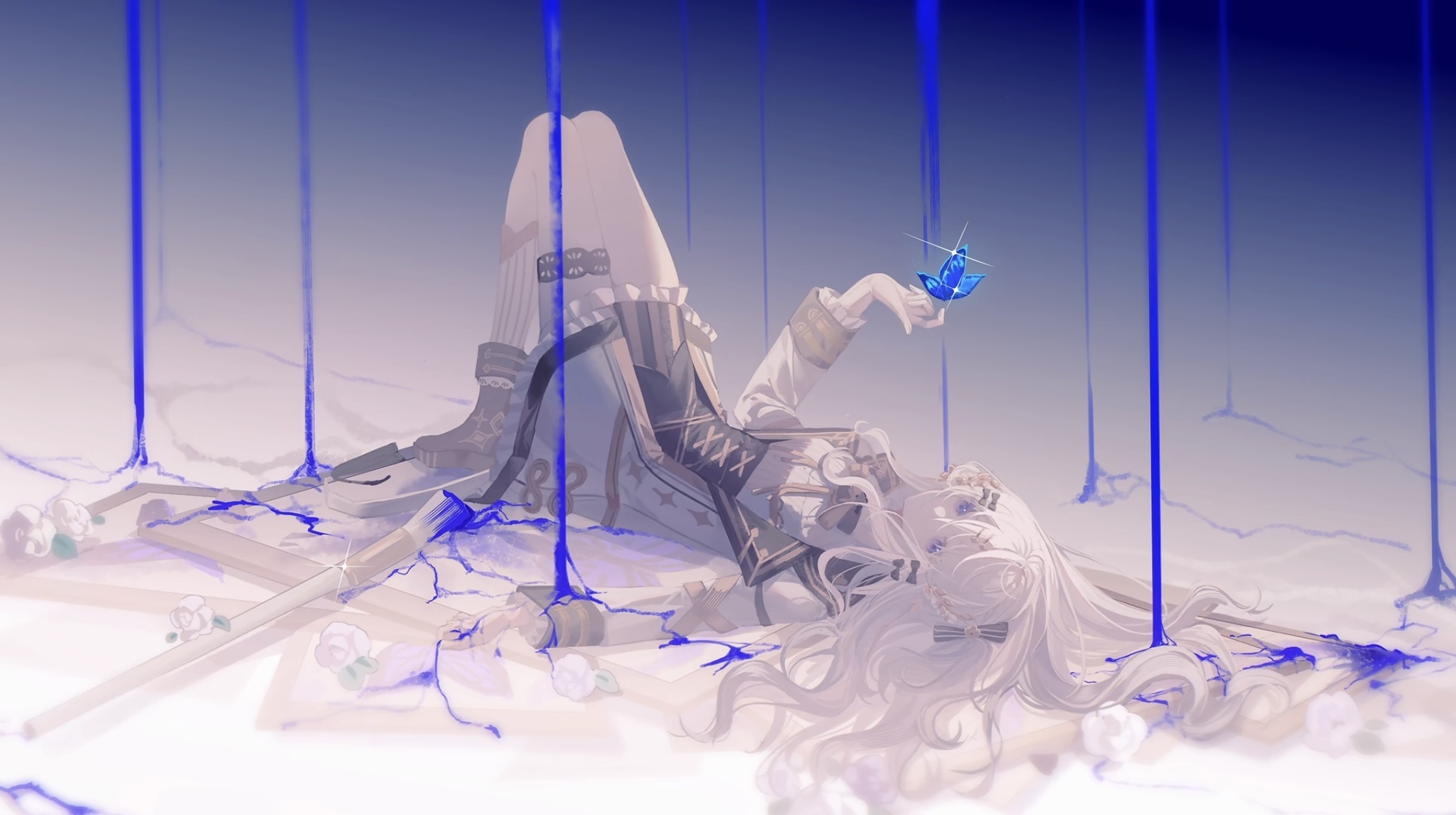 Girl with white hair and a blue butterfly HD Wallpaper