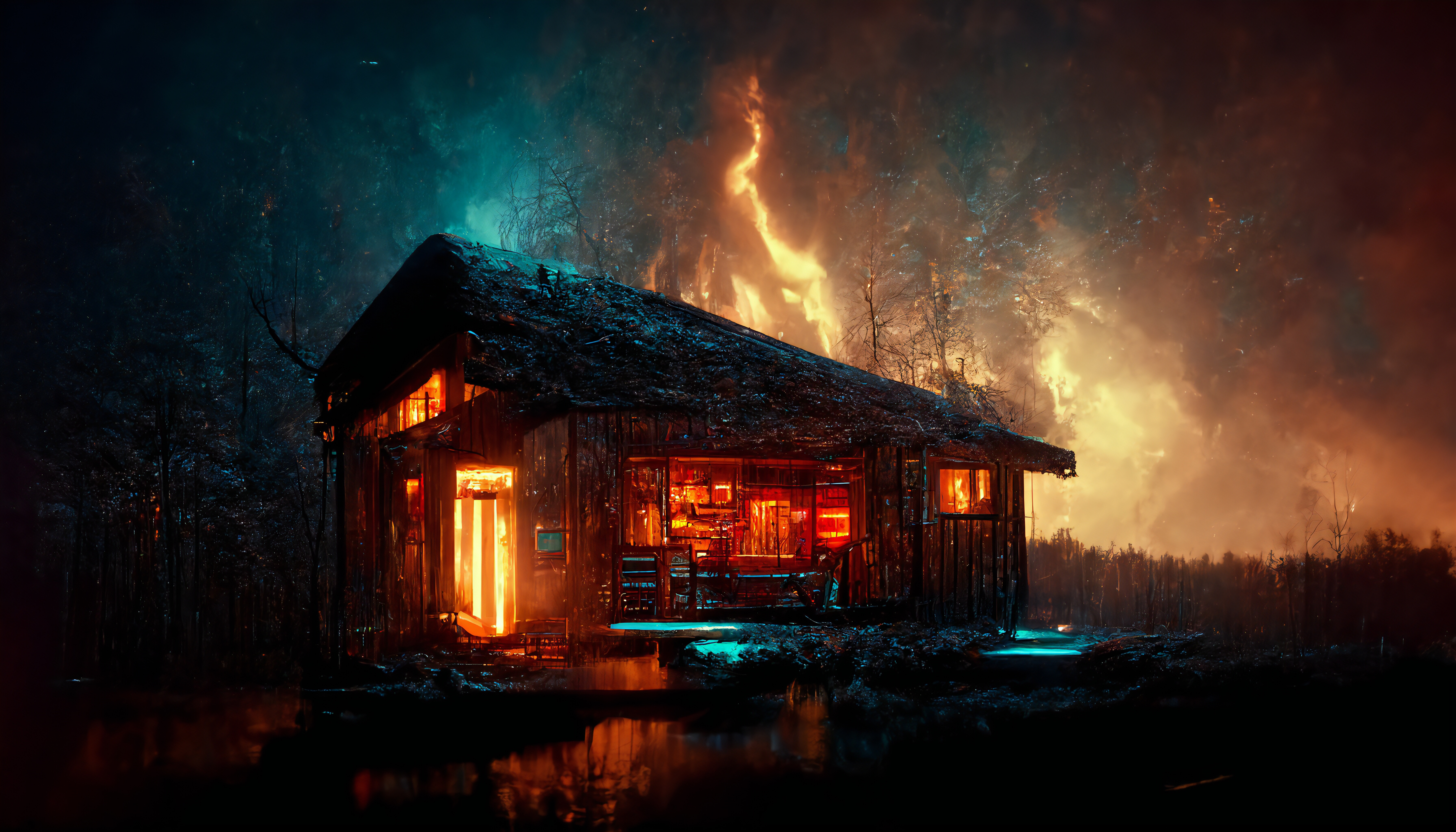4K dark cabin with fire in the forest HD Wallpaper
