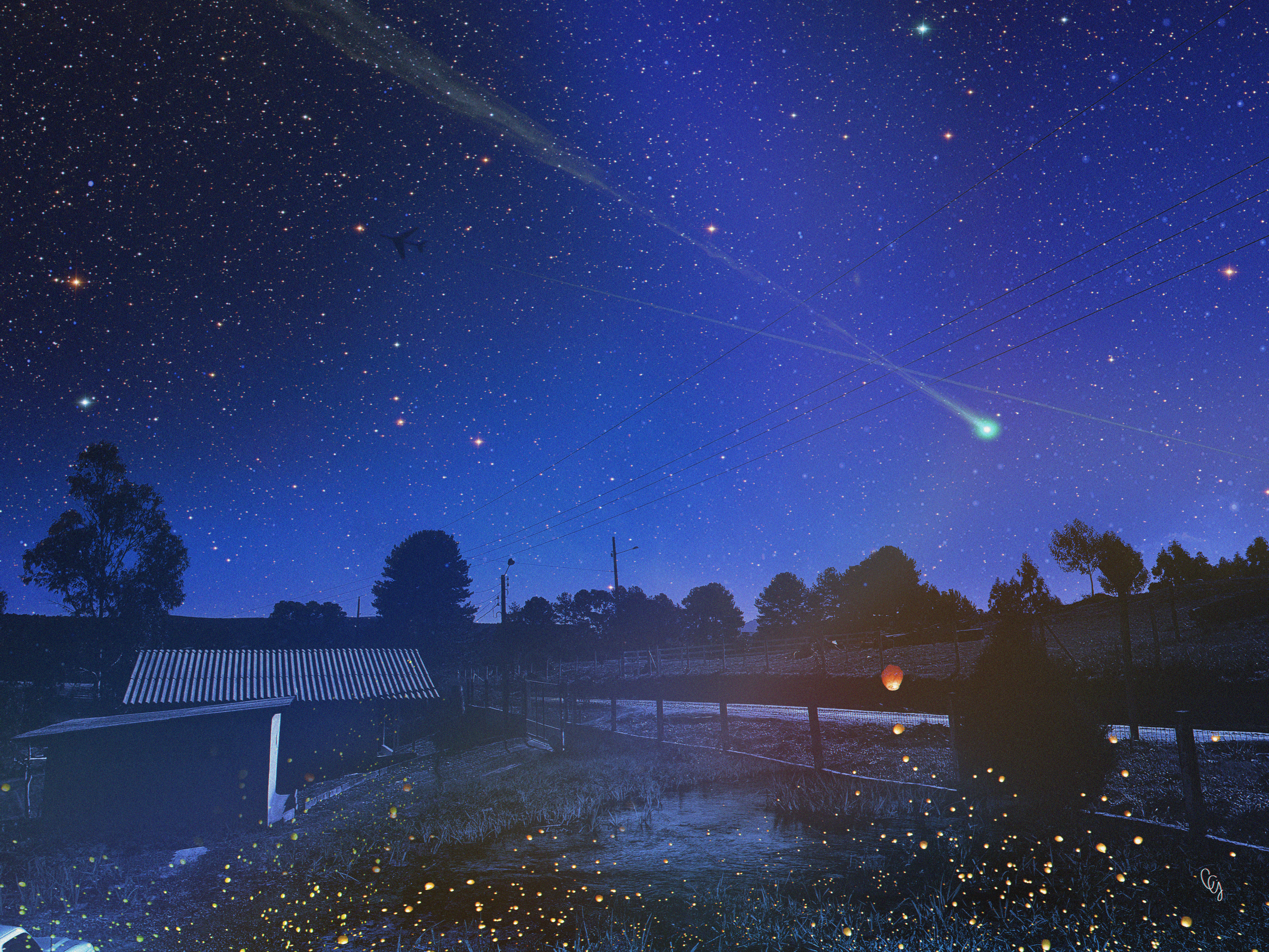4K Starry Night with Meteor Shower and Rural Scene HD Wallpaper