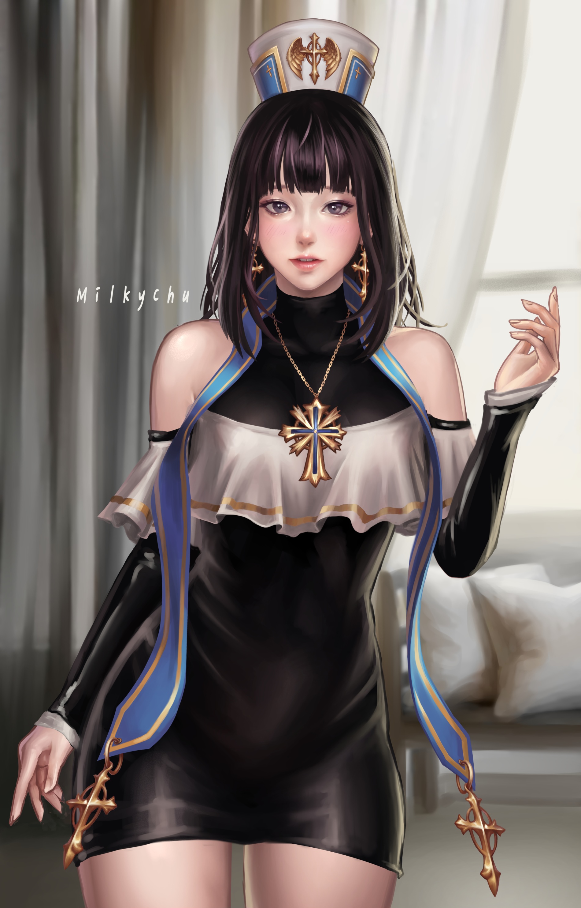 Milkychu wearing a nun's habit with a cross necklace HD Phone Wallpaper