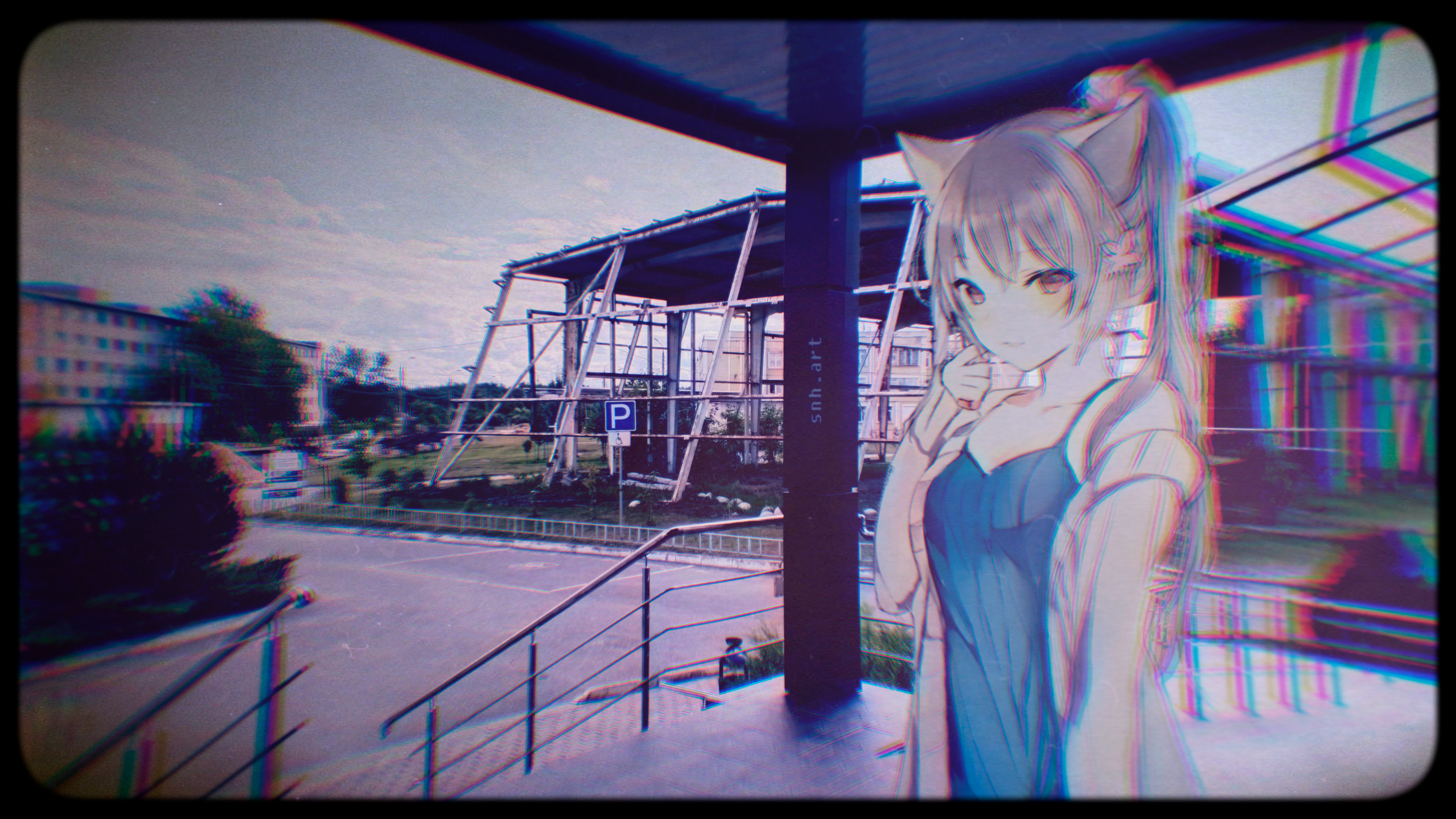 Anime girl with cat ears in abandoned place HD Wallpaper