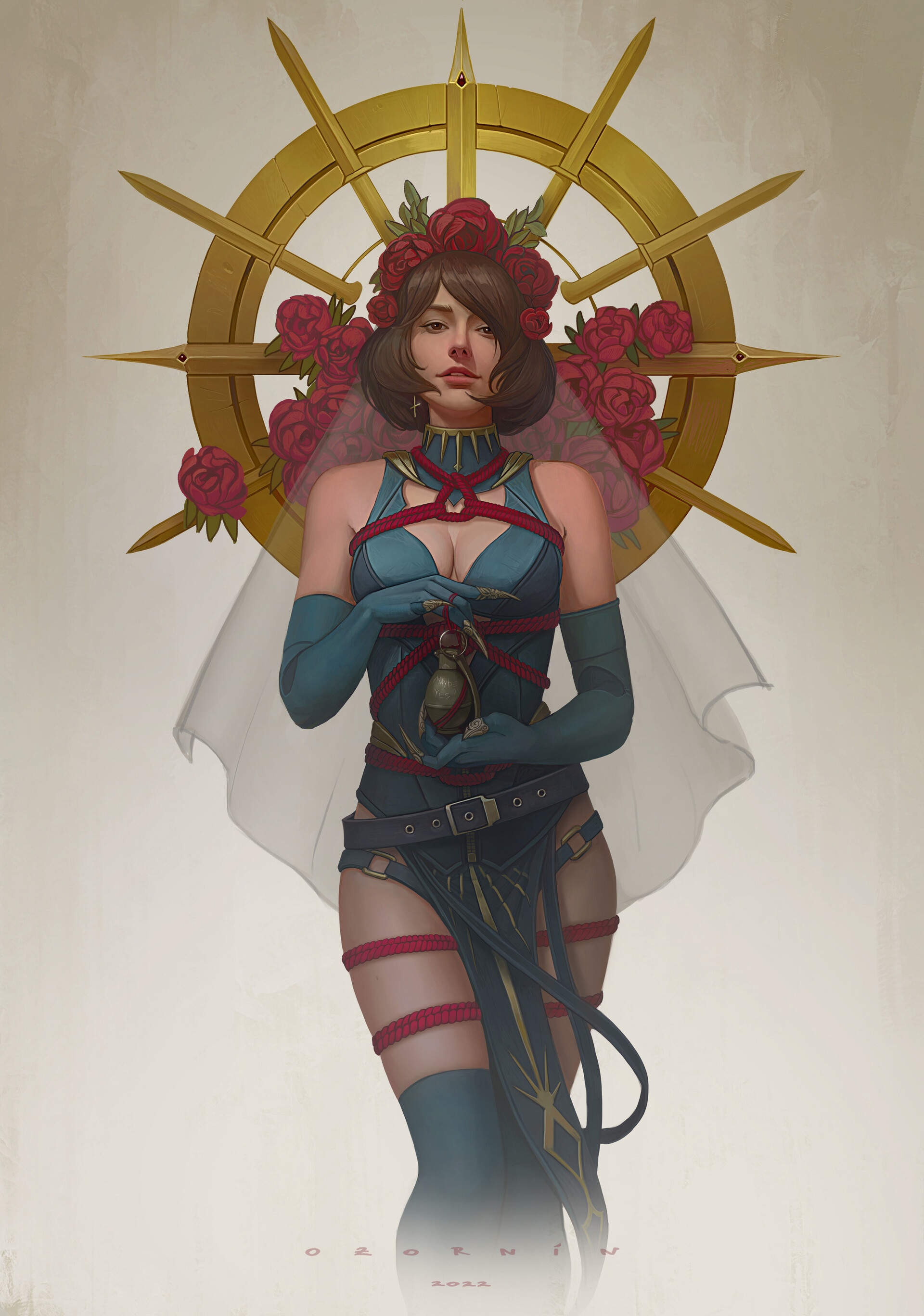 Woman with Roses and Grenade by Ilya Ozornin HD Phone Wallpaper