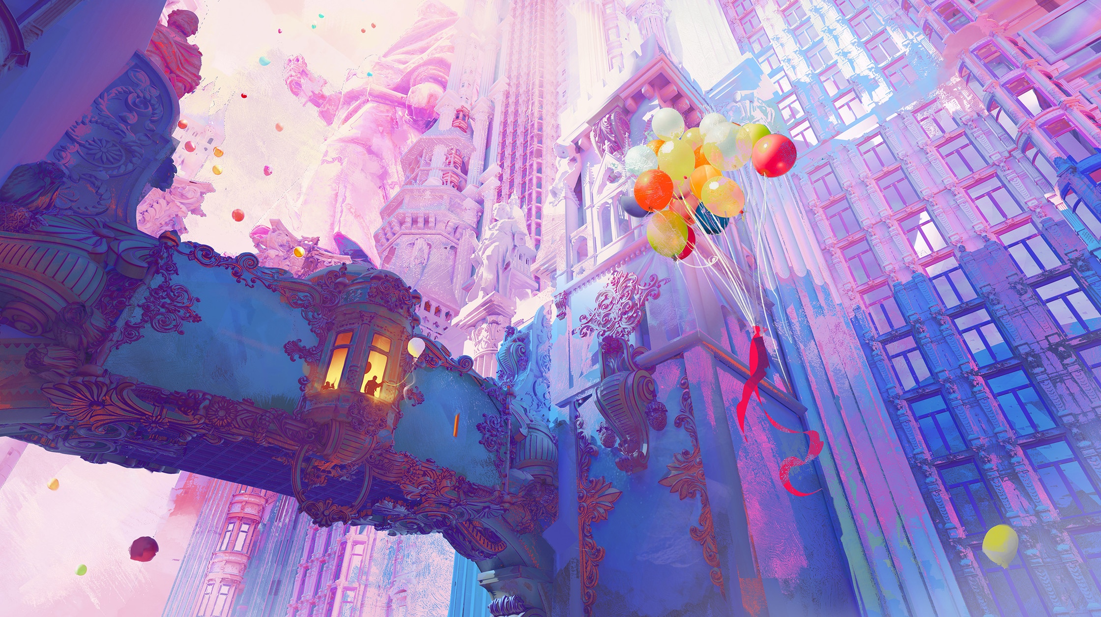 Fantasy Cityscape with Balloons HD Wallpaper