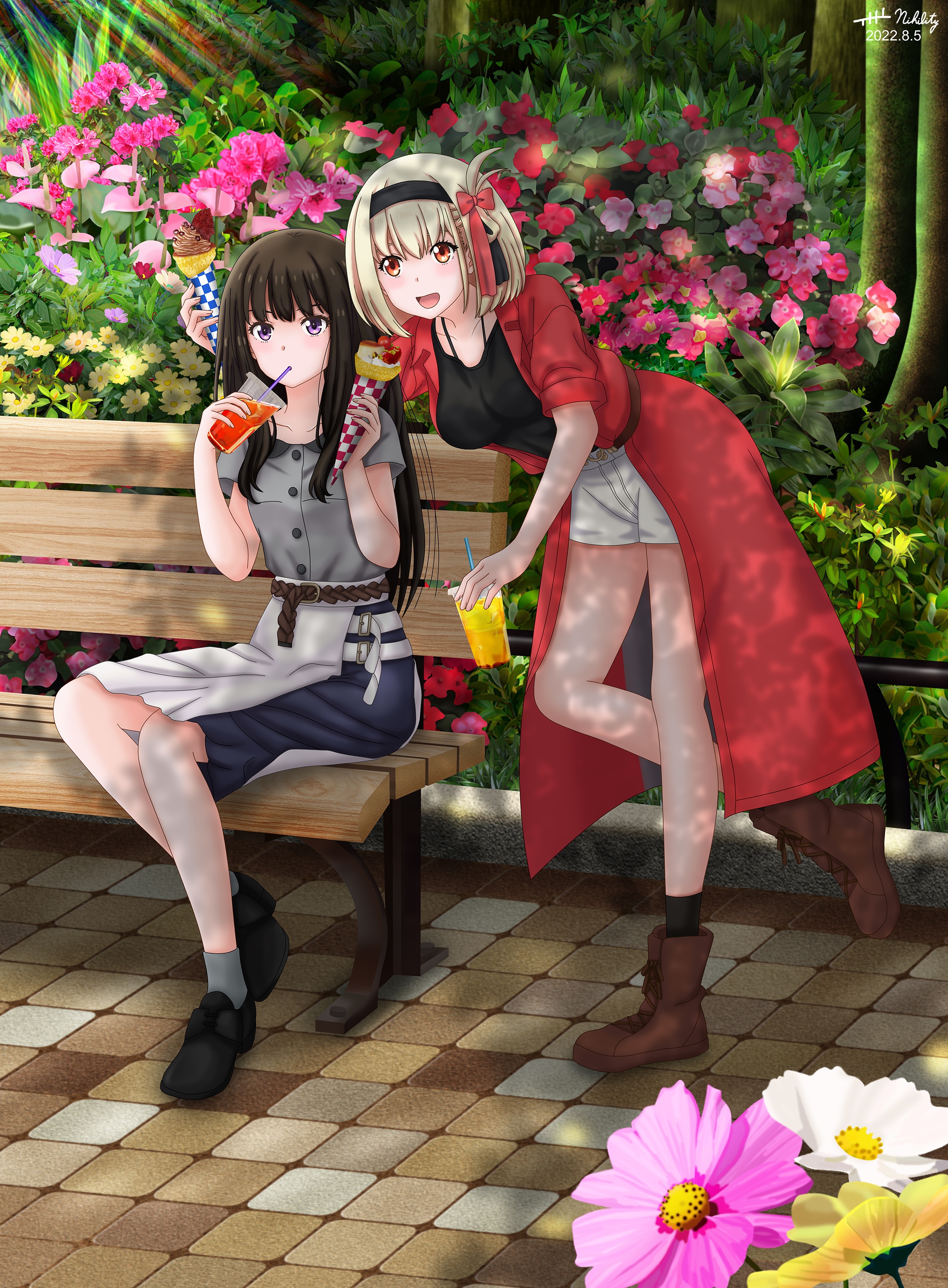 Lycoris Recoil's Chisato and Takina enjoying treats in a park HD Phone Wallpaper