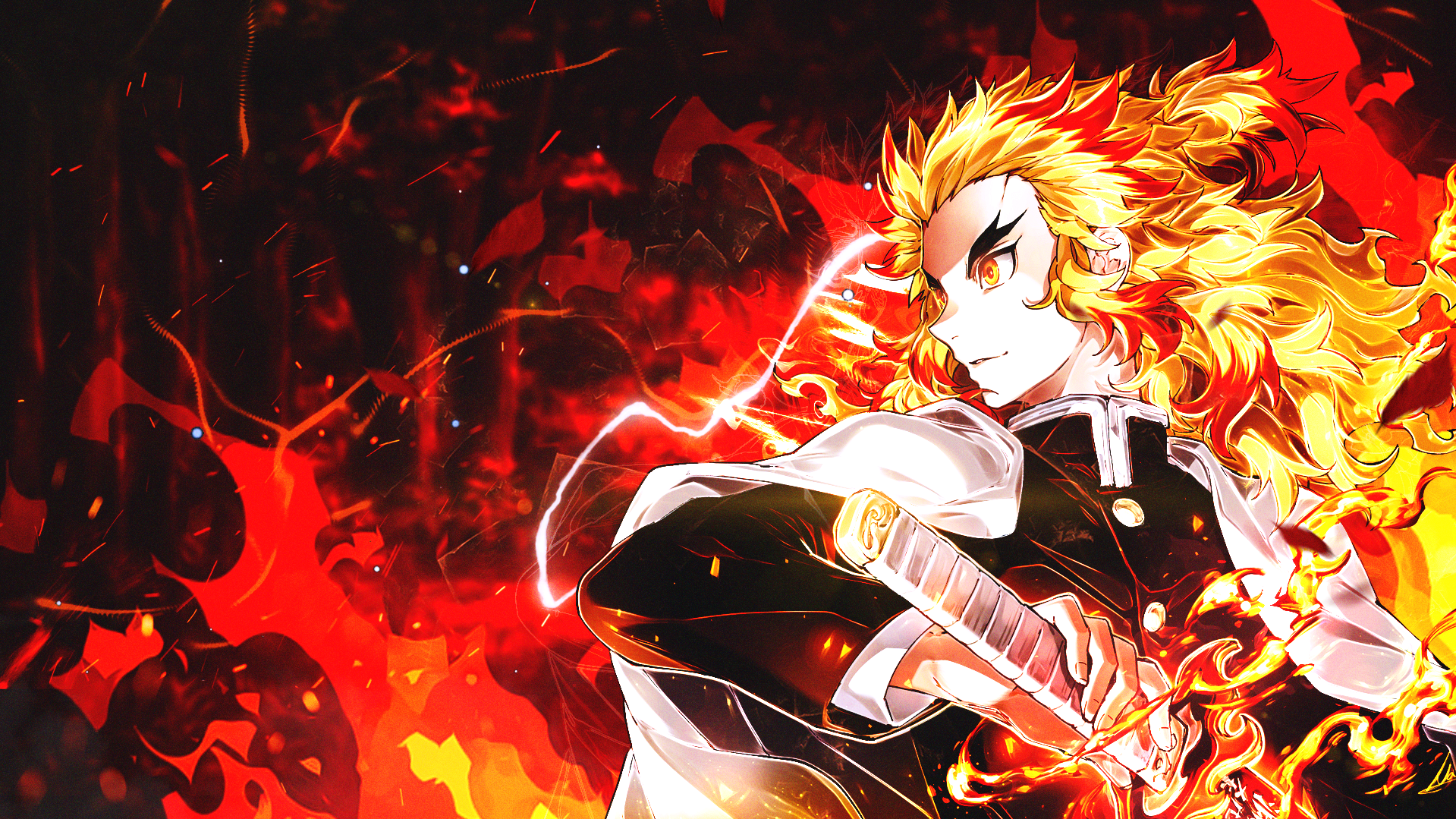 Rengoku Kyoujurou from Kimetsu no Yaiba with fiery sword HD Wallpaper