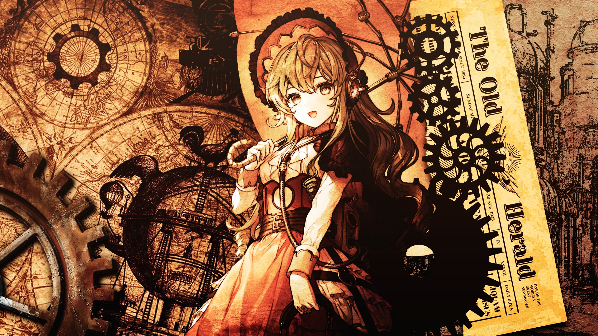 Steampunk girl with gears and newspaper HD Wallpaper