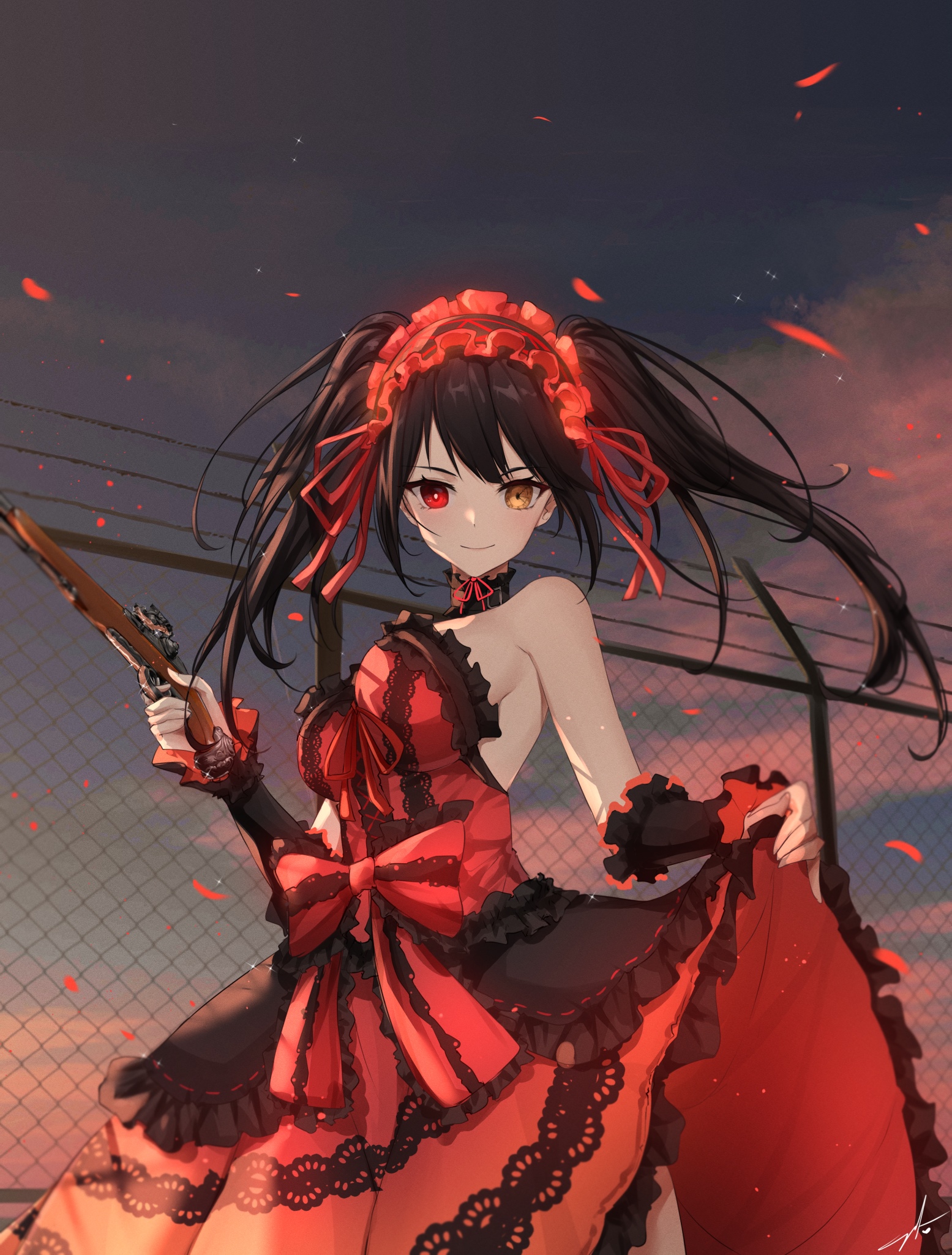 Tokisaki Kurumi in a red and black dress holding a gun HD Phone Wallpaper
