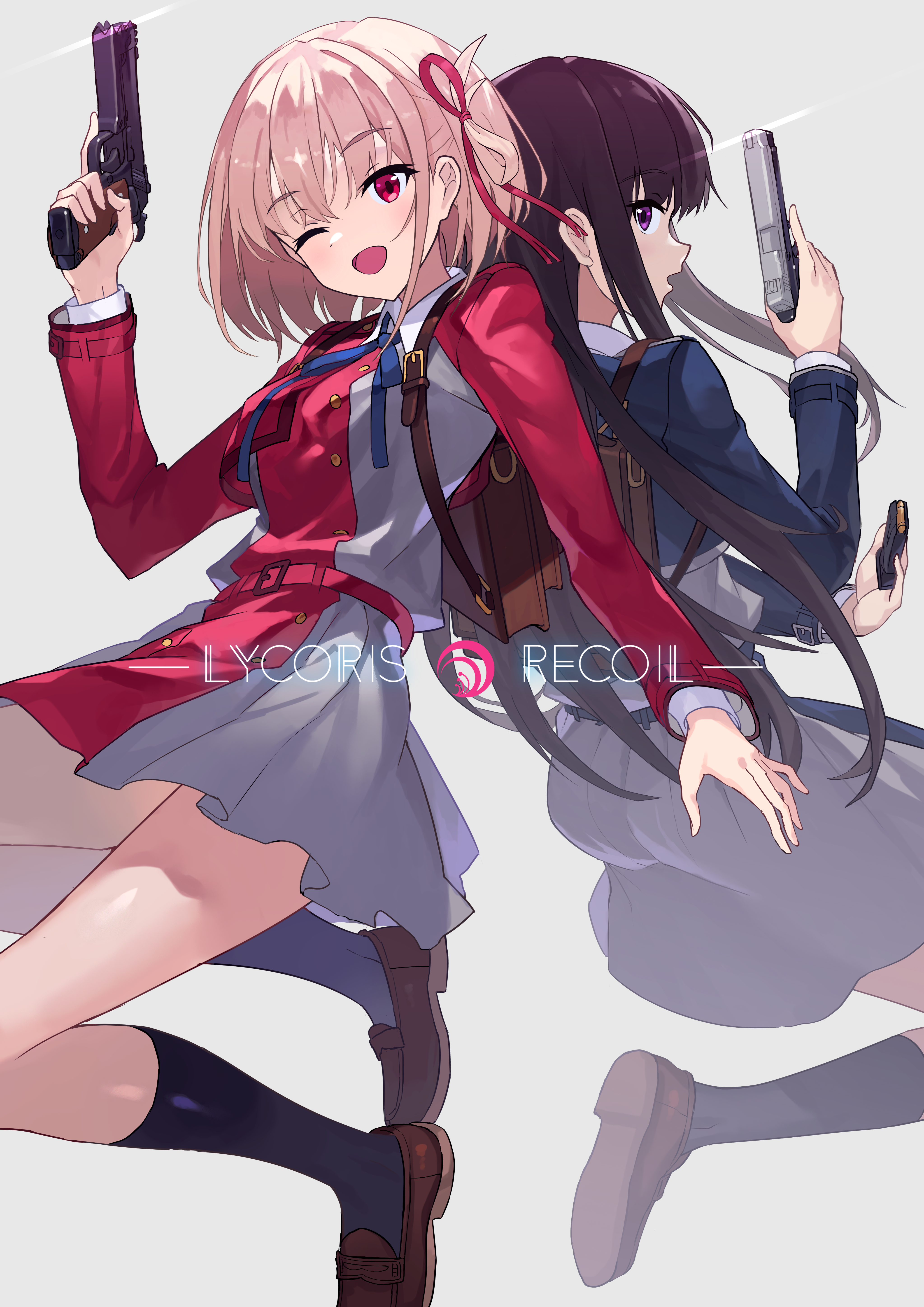 Lycoris Recoil: Nishikigi Chisato and Inoue Takina with Guns HD Phone Wallpaper