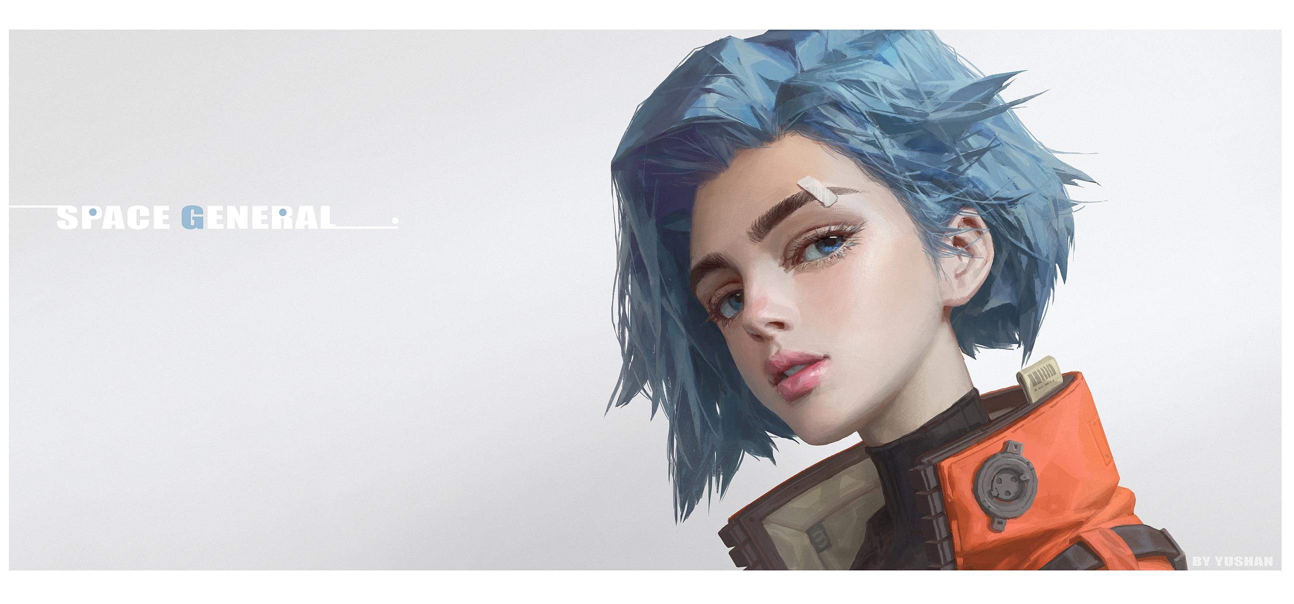 Space General portrait of a woman with blue hair HD Wallpaper