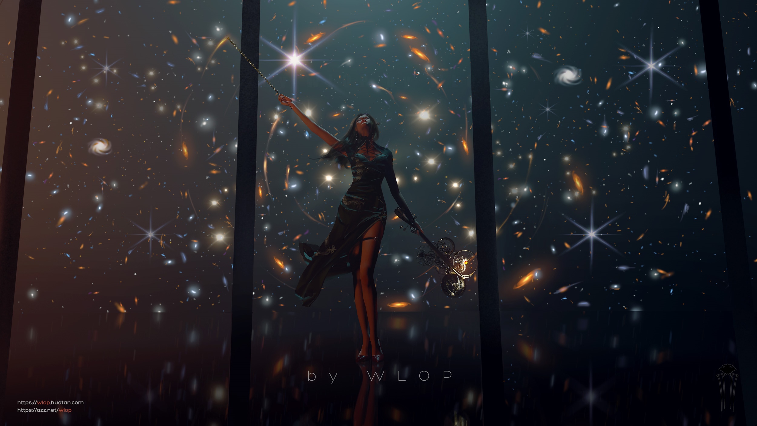 Artwork by WLOP featuring a woman in a cosmic background HD Wallpaper