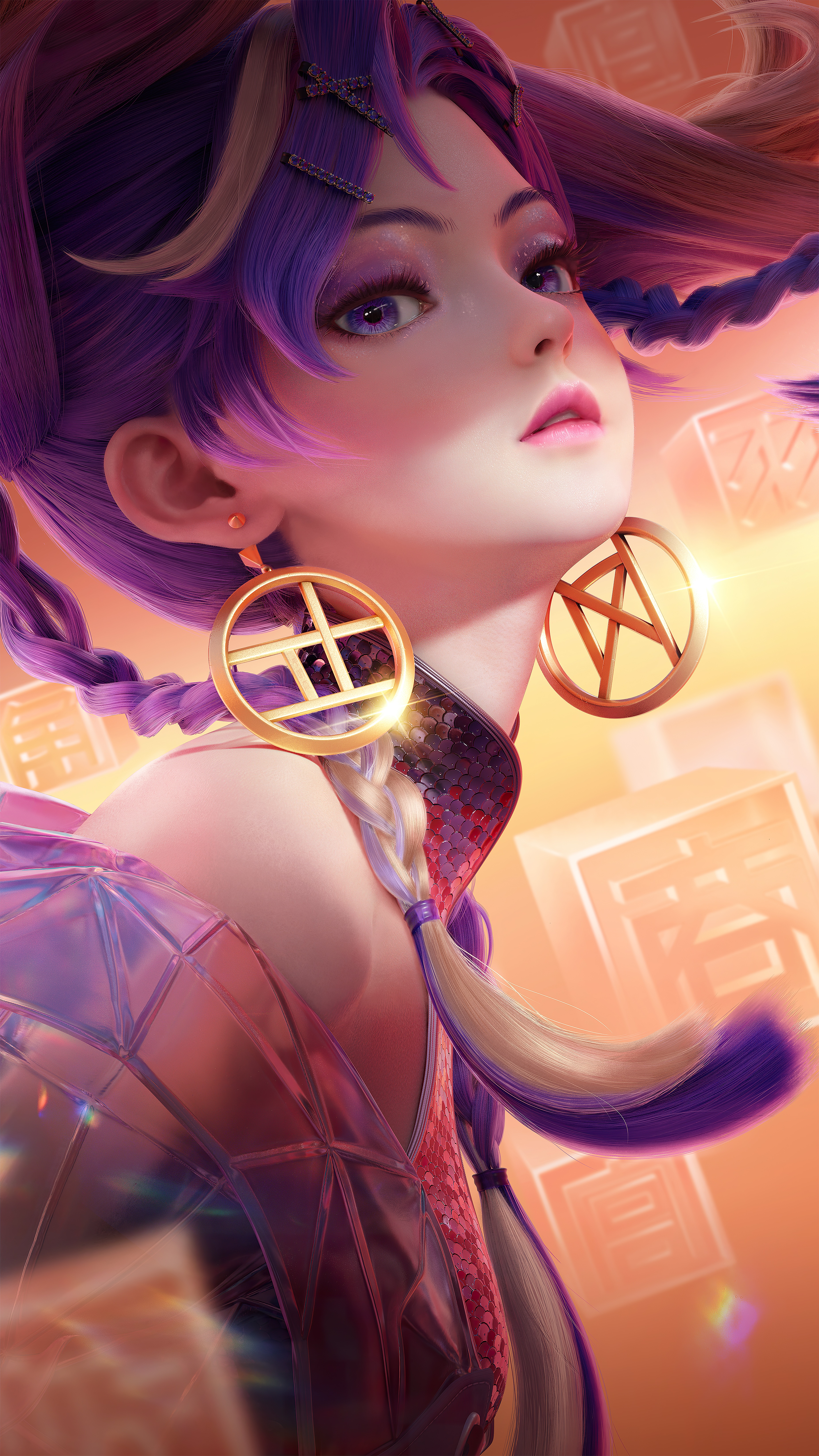 Honor of Kings Character with Purple Hair and Earrings HD Phone Wallpaper