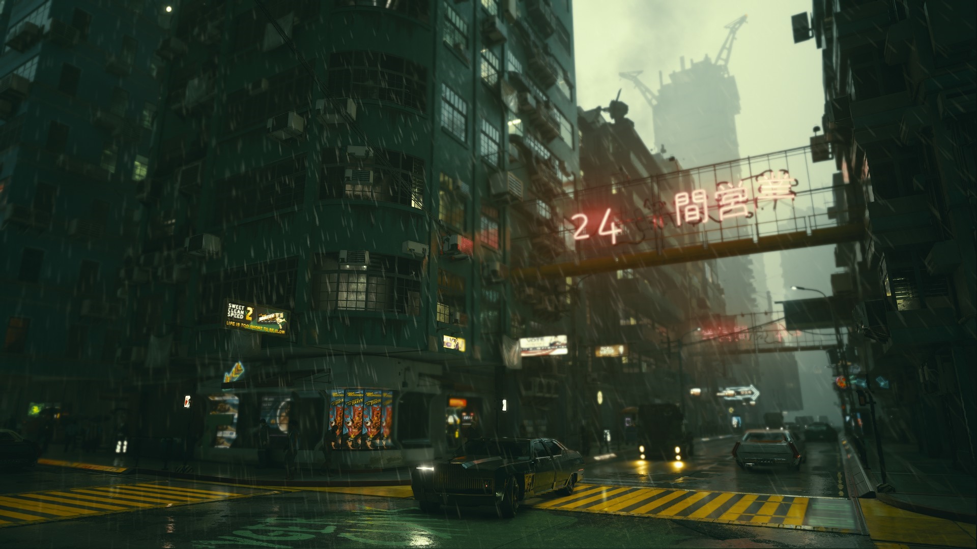 Cyberpunk 2077 city street at night with rain HD Wallpaper