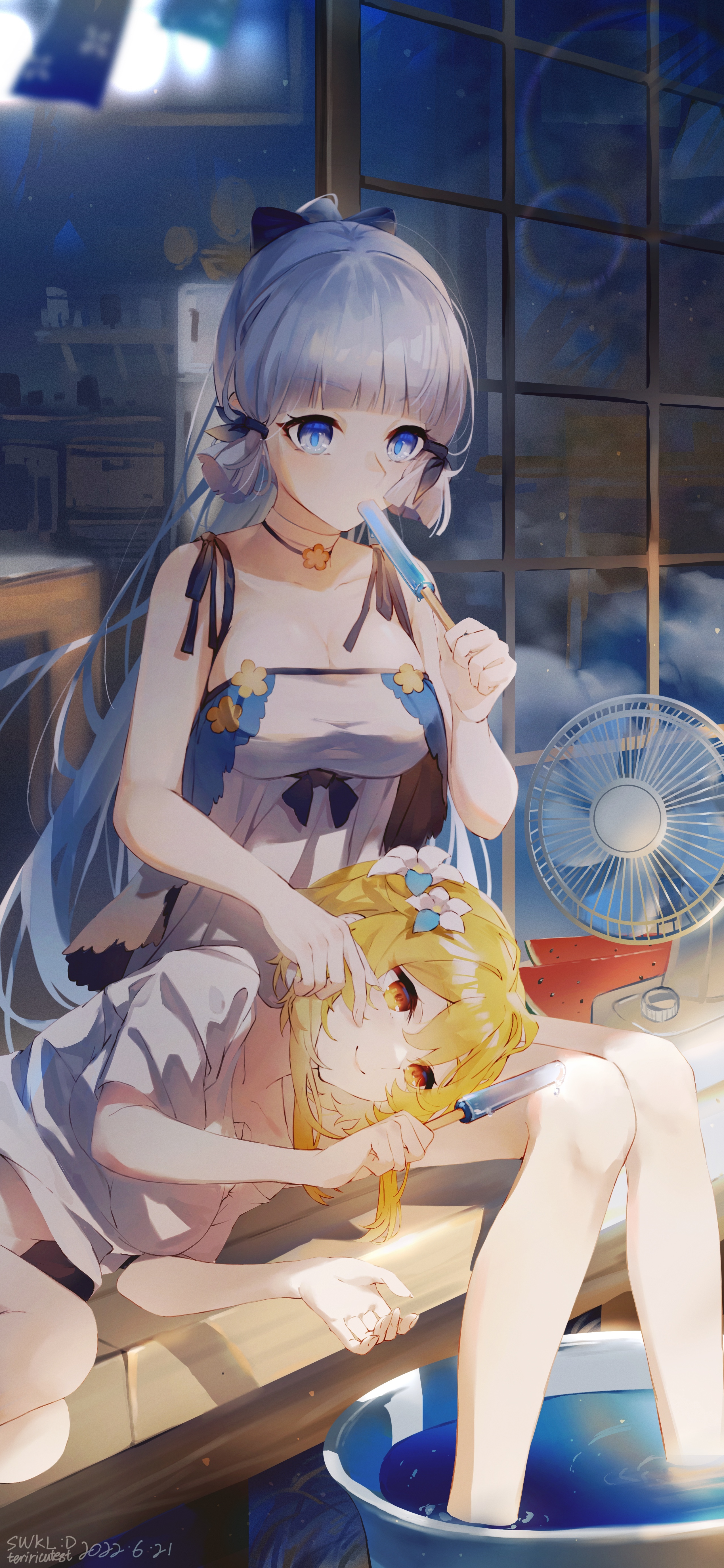 Kamisato Ayaka and Lumine eating popsicles HD Phone Wallpaper