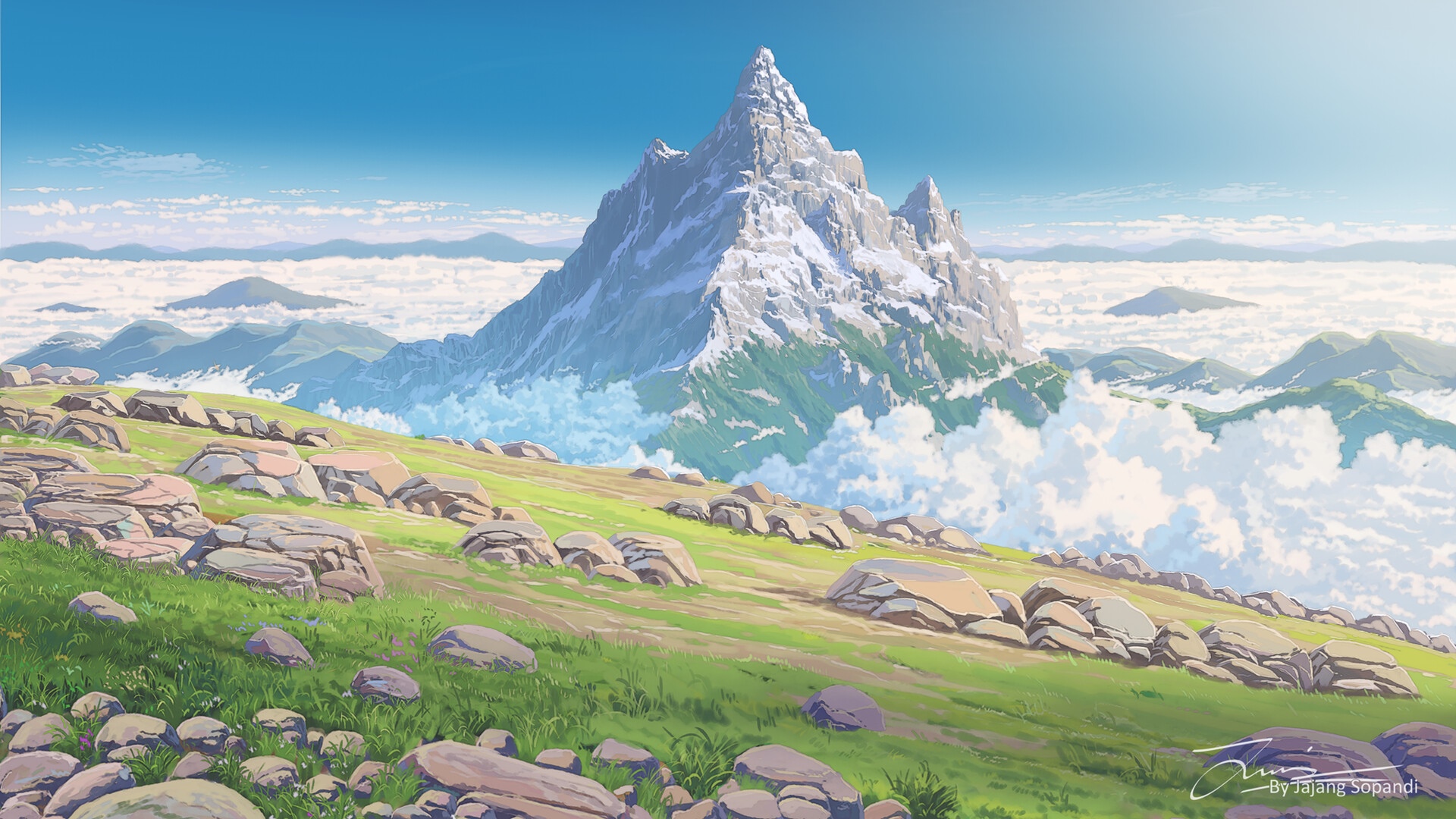 Mountain Landscape with Clouds and Rocks by Jajang Sopandi HD Wallpaper