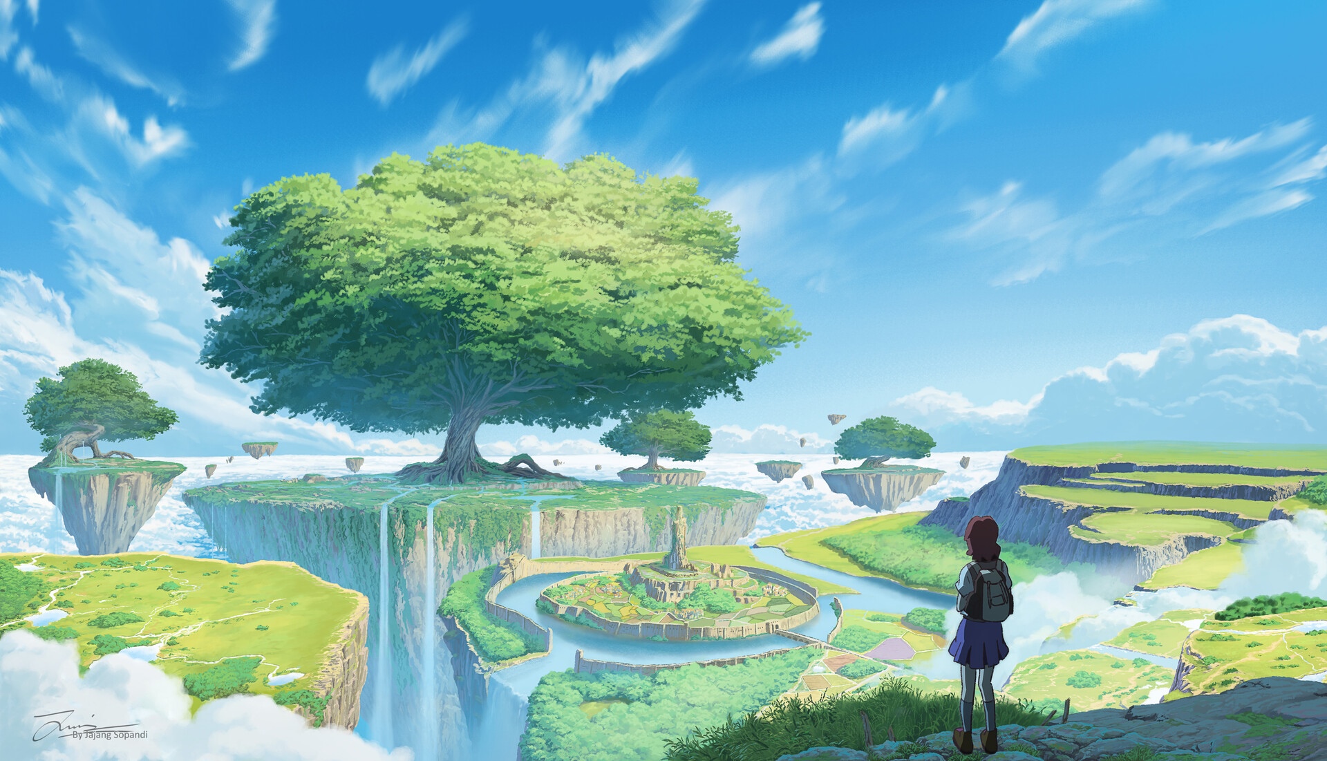 Fantasy floating islands with a girl overlooking a village HD Wallpaper